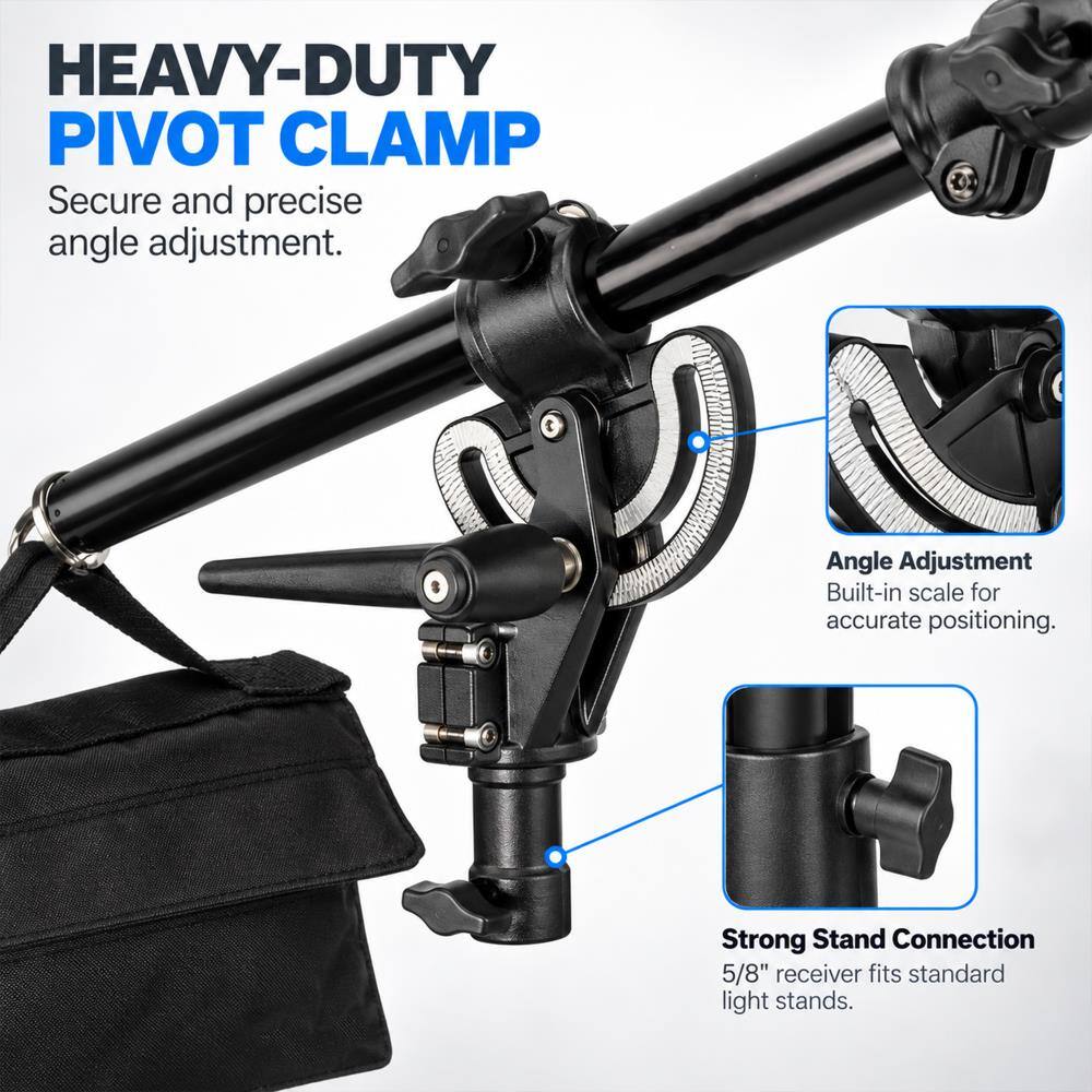 HEAVY-DUTY PIVOT CLAMP  
Secure and precise angle adjustment.  
Angle Adjustment  
Built-in scale for accurate positioning.  
Strong Stand Connection  
5/8" receiver fits standard light stands.