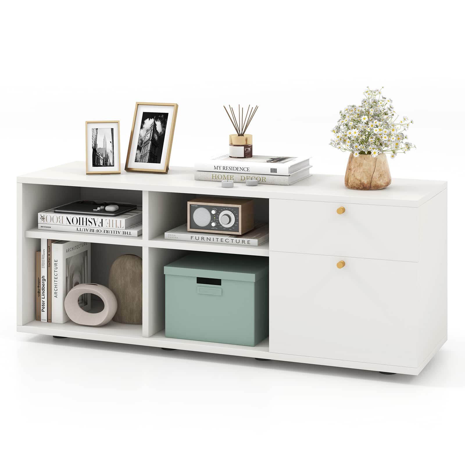 Ecooso - TV Stand Cabinet with 2 Drawers and 4 Cubes for Entryway Storage - White