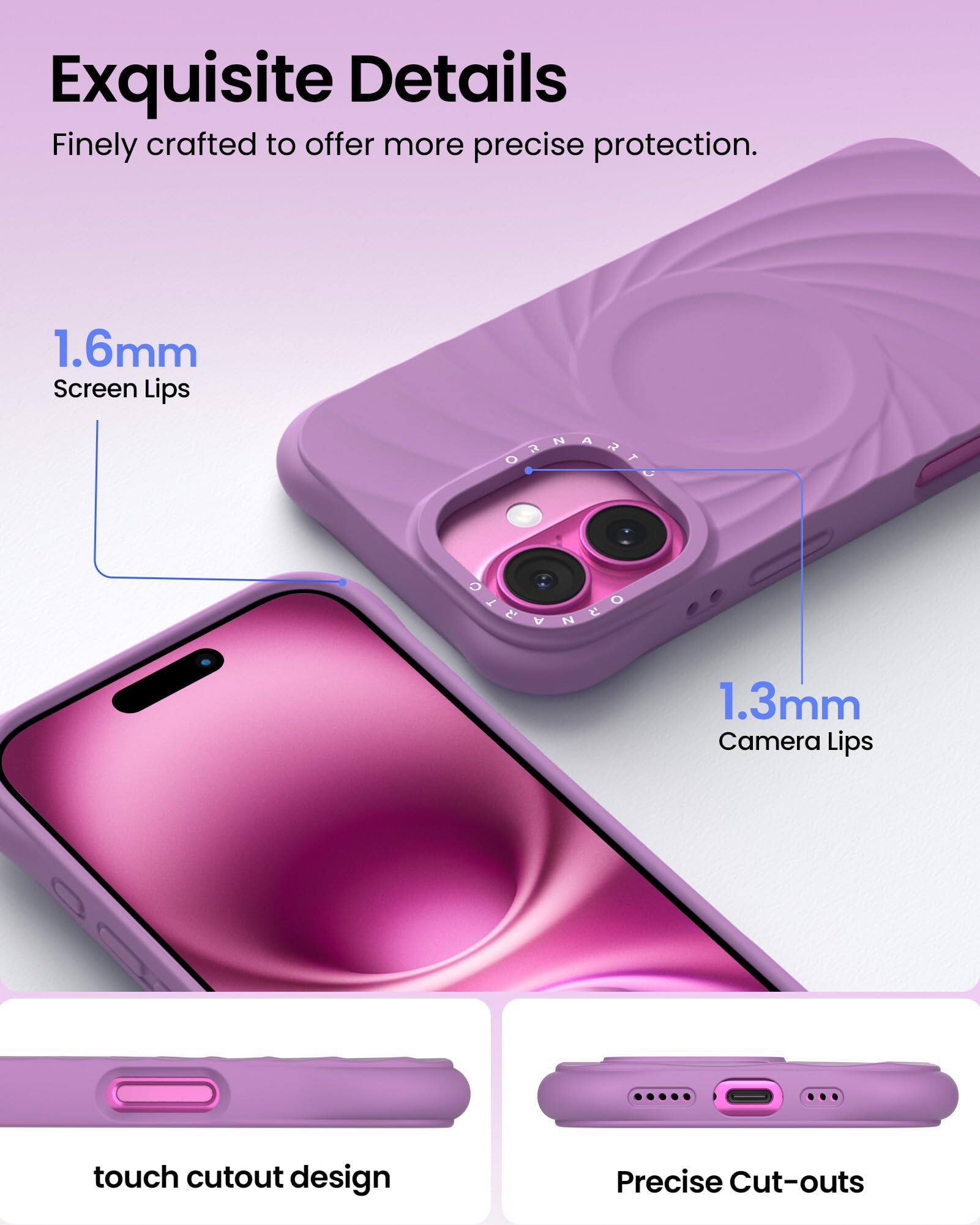 Exquisite Details Finely crafted to offer more precise protection. 1.6mm Screen Lips 1.3mm Camera Lips touch cutout design Precise Cut-outs