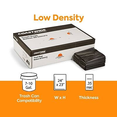 Low Density  
COASTWIDE Trash Bags  
Bolsas de basura  
Trash Can Compatibility: 7-10 Gal.  
Dimensions: 24" x 23"  
Thickness: .35 mic
