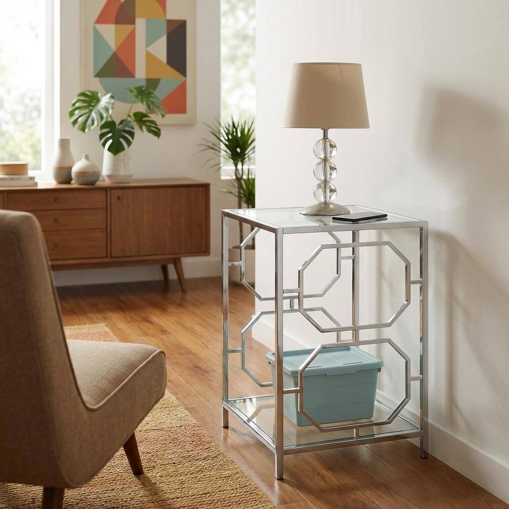 Alt View 1. FurniFact - Modern Chrome End Table with Sleek Metal Frame and Minimalist Design - Clear.