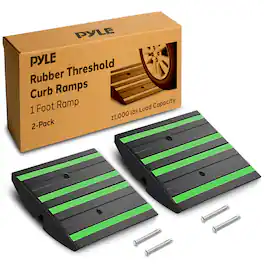 Pyle - 1ft Rubber Threshold Ramp – Heavy Duty, Green Reflective Strips, Expansion Screws for Driveways
