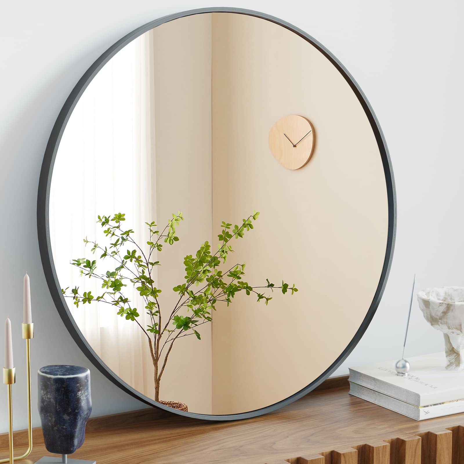 Front. DOMETOUR - Black Round Wall Mirror 30 Inch Bathroom Mirrors for Over Sink Circle Mirror for Bathroom Bedroom Vanity - Black.