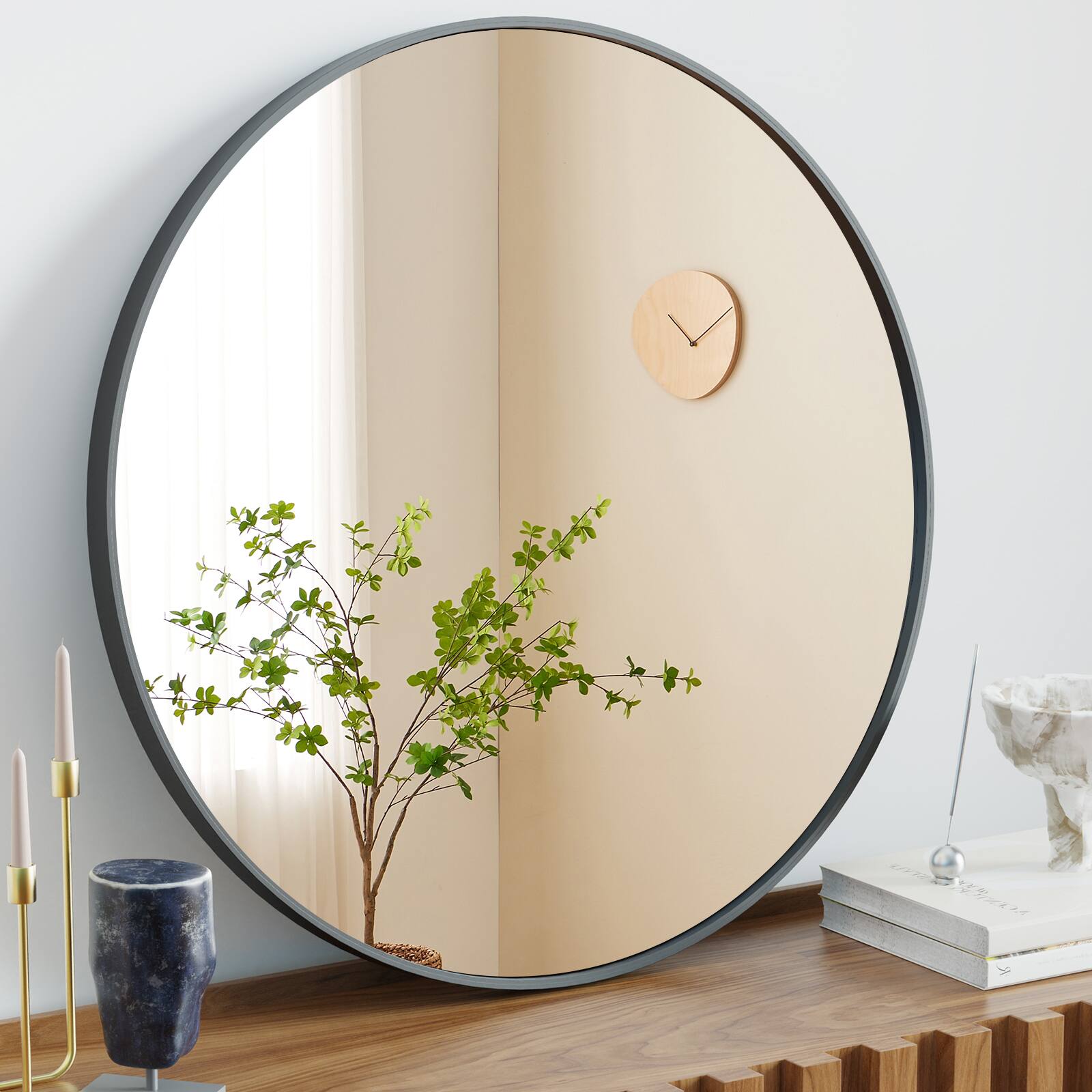 Front. DOMETOUR - Black Round Wall Mirror 30 Inch Bathroom Mirrors for Over Sink Circle Mirror for Bathroom Bedroom Vanity - Black.
