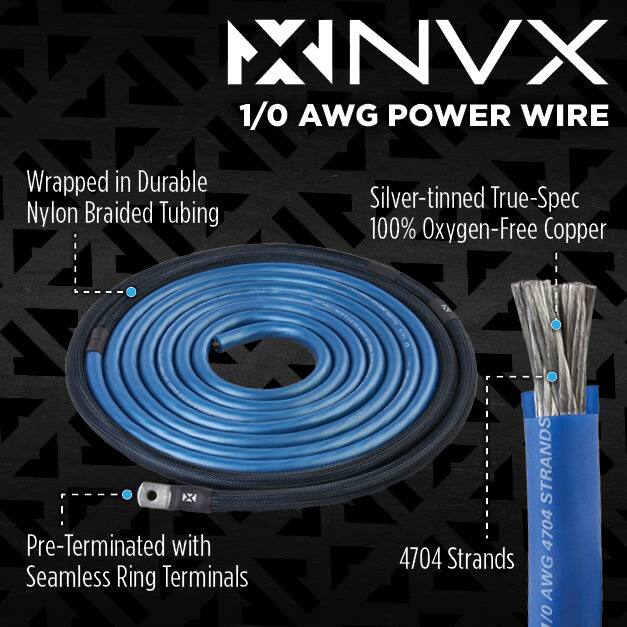 MNVX 1/0 AWG POWER WIRE  
Wrapped in Durable Nylon Braided Tubing  
Silver-tinned True-Spec 100% Oxygen-Free Copper  
Pre-Terminated with Seamless Ring Terminals  
4704 Strands  
1/0 AWG