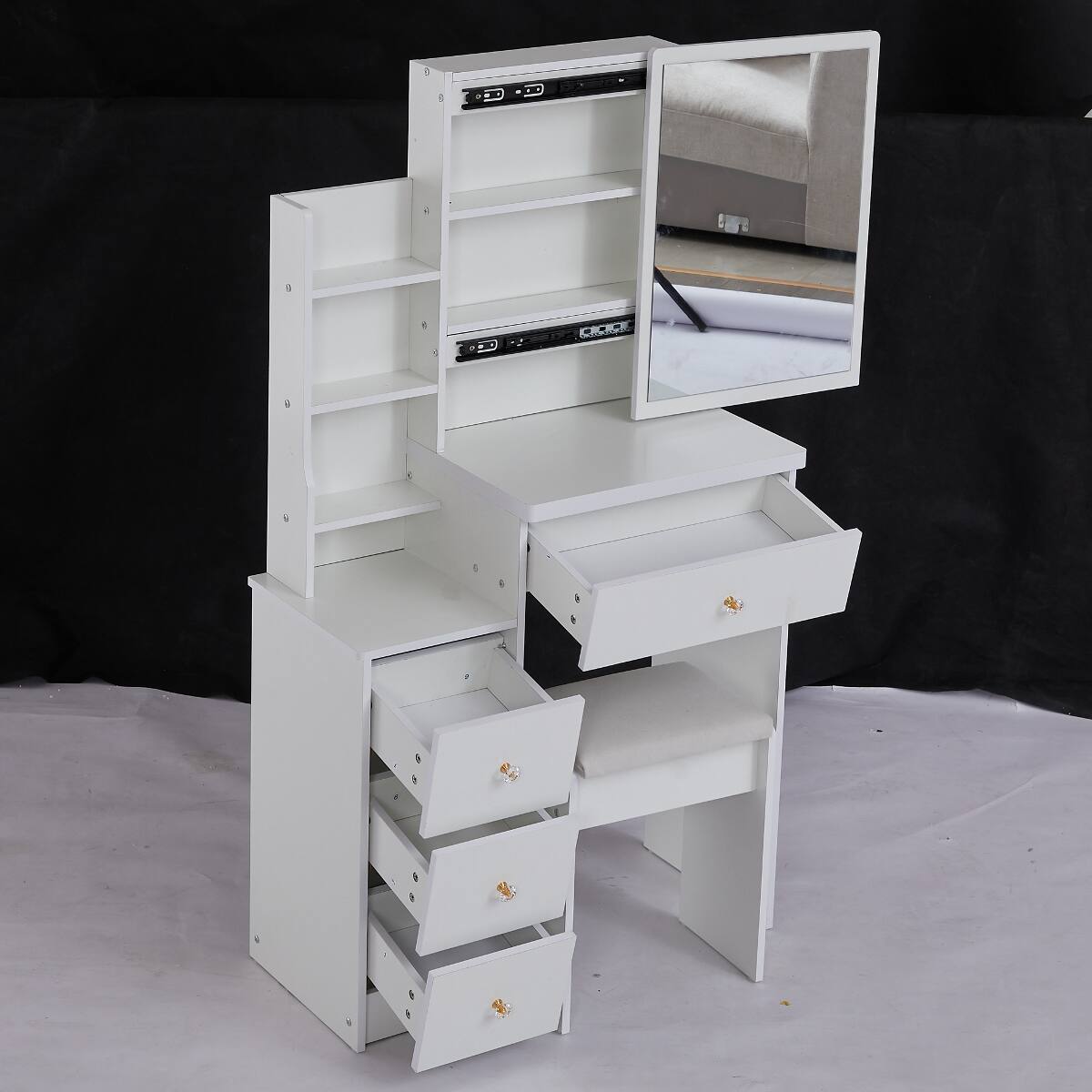 Left. Loheer - Loheer Small Space Vanity Table with Extra Large Sliding Mirror and Padded Stool, White - White.