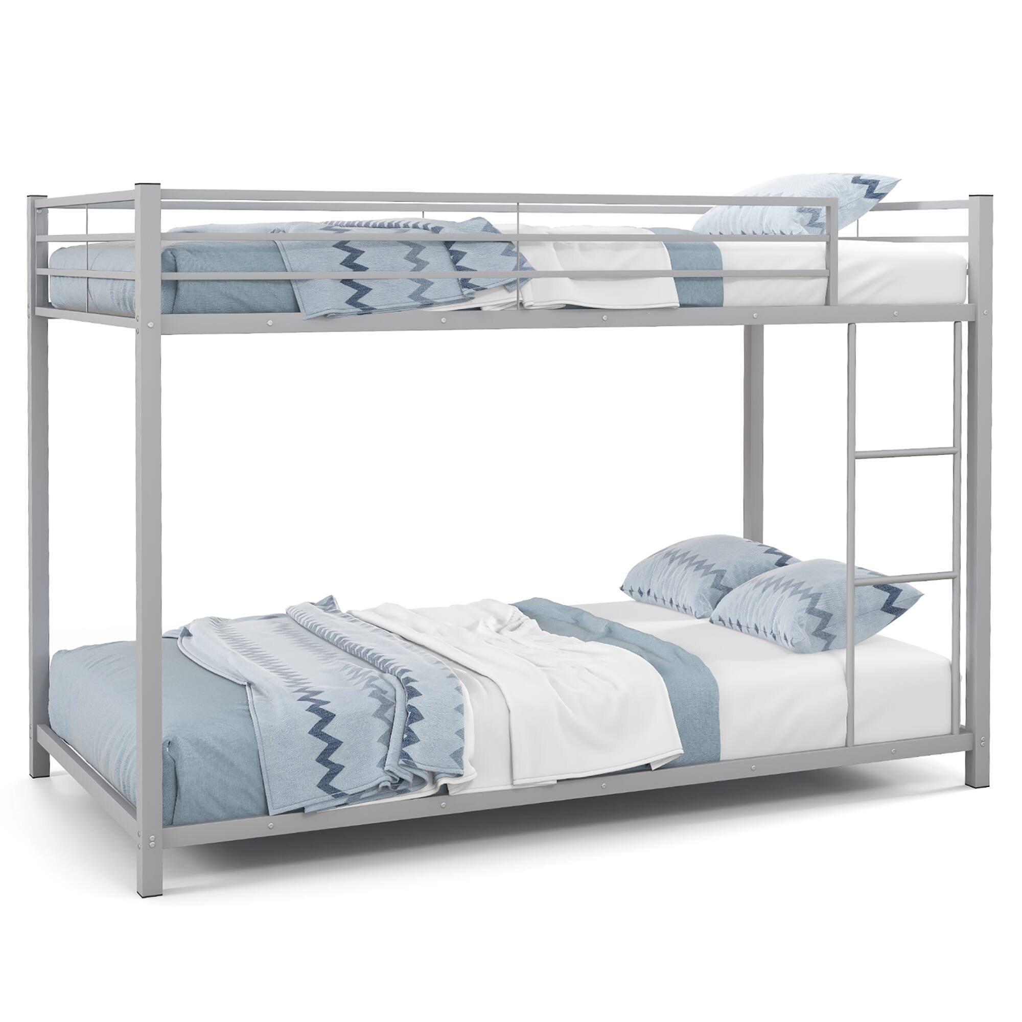 Alt View 1. Gymax - Gymax Twin Over Twin Low Metal Bunk Bed with Ladder Guardrails for Teens Adults Silver - Silver.