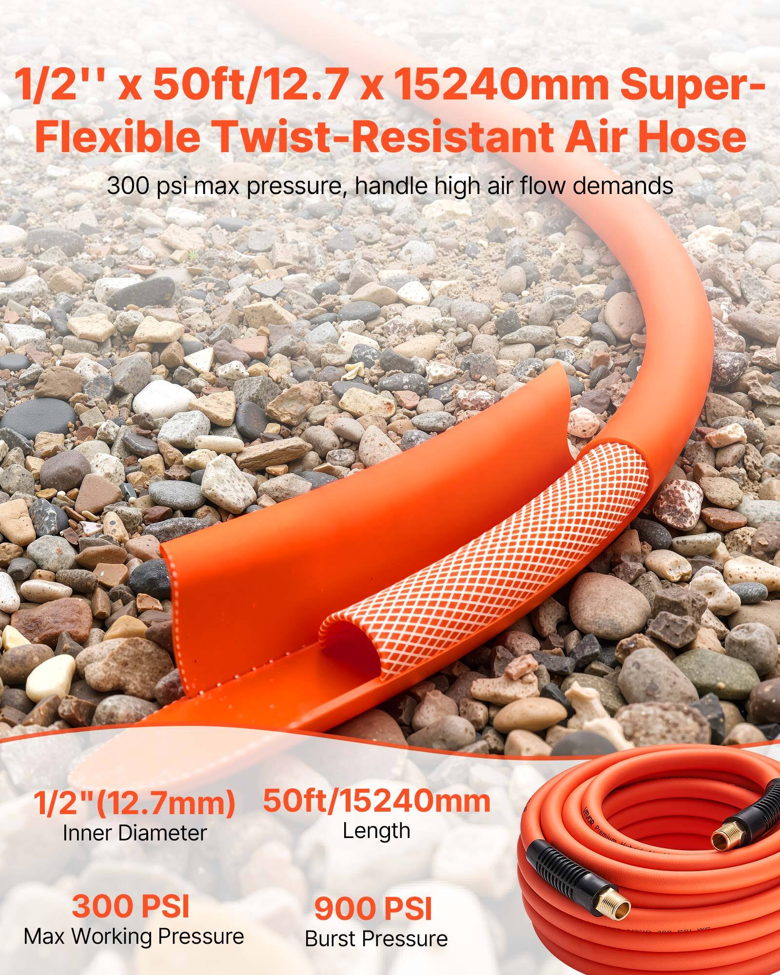 1/2" x 50ft/12.7 x 15240mm Super-Flexible Twist-Resistant Air Hose

300 psi max pressure, handle high air flow demands

1/2" (12.7mm) Inner Diameter

50ft/15240mm Length

300 PSI Max Working Pressure

900 PSI Burst Pressure