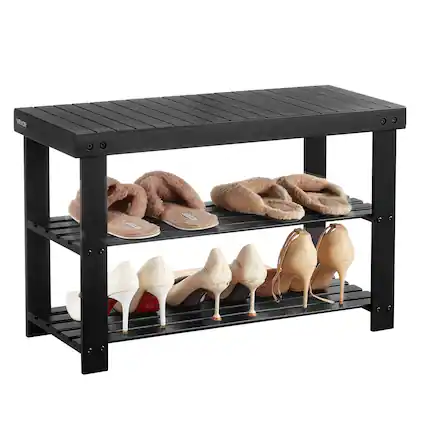 Front. VEVOR - 3-Tier Bamboo Shoe Rack Bench, Durable Entryway Organizer with 286 lbs Capacity, 27.6 x 11.3 x 17.8 Inches - Black.