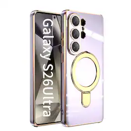 Dteck - Mag Safe Case for Samsung Galaxy S26 Ultra,Slim Plated Bumper Shockproof TPU Case w/ Metal Stand + Tempered Lens Film - Lightpurple