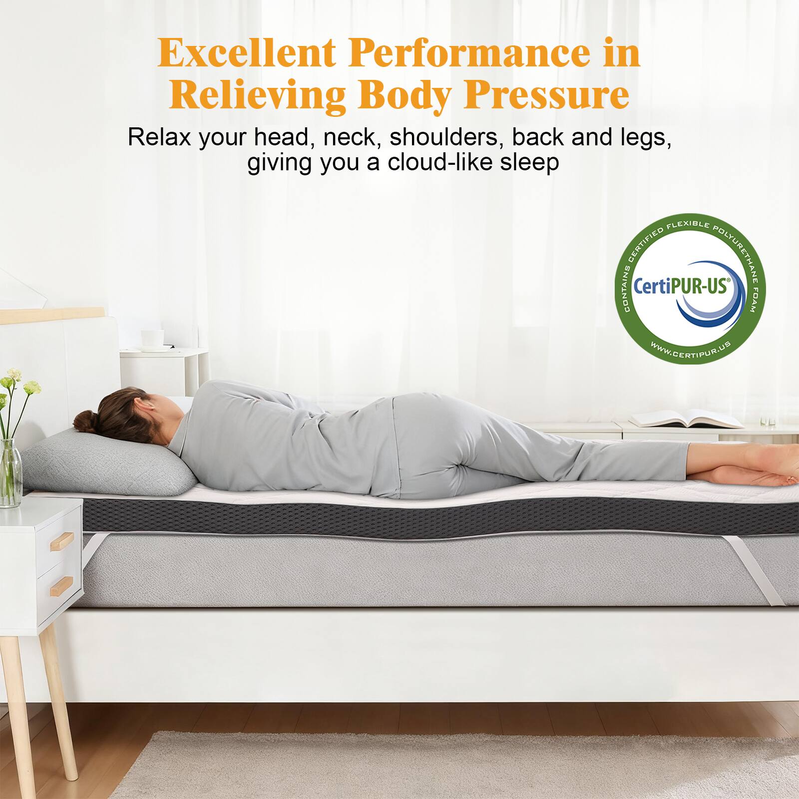 Excellent Performance in Relieving Body Pressure

Relax your head, neck, shoulders, back and legs, giving you a cloud-like sleep

FLEXIBLE CERTIFIED POLYURETHANE CONTAINS CertiPUR-US FOAM

WWW.CERTIPUR.US