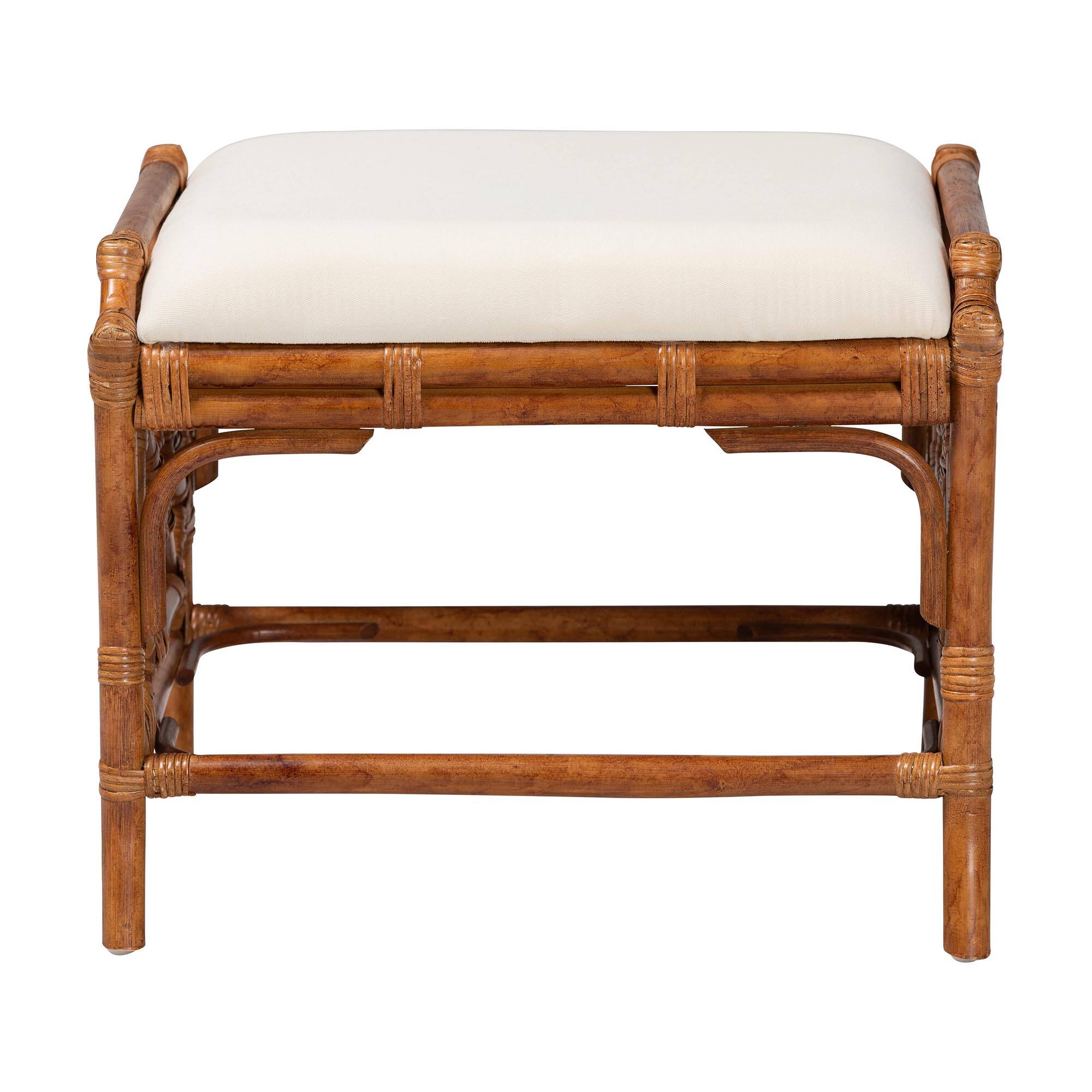 Angle. bali & pari - Morley Marbled Tortoise Natural Rattan Ottoman - Handcrafted Accent Footstool with Decorative Frame, Coastal - Marbled Tortoise Brown/White.