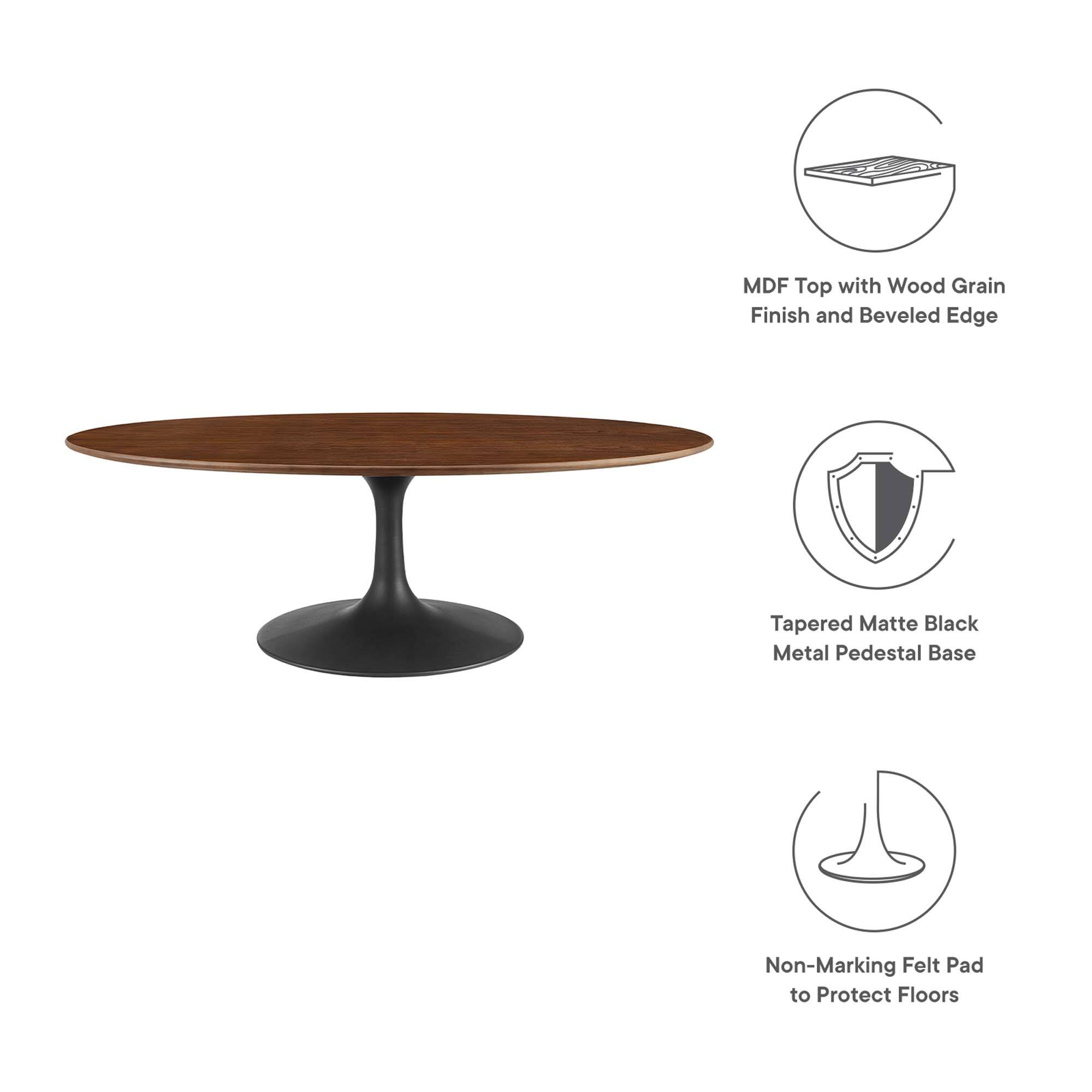 - MDF Top with Wood Grain Finish and Beveled Edge
- Tapered Matte Black Metal Pedestal Base
- Non-Marking Felt Pad to Protect Floors