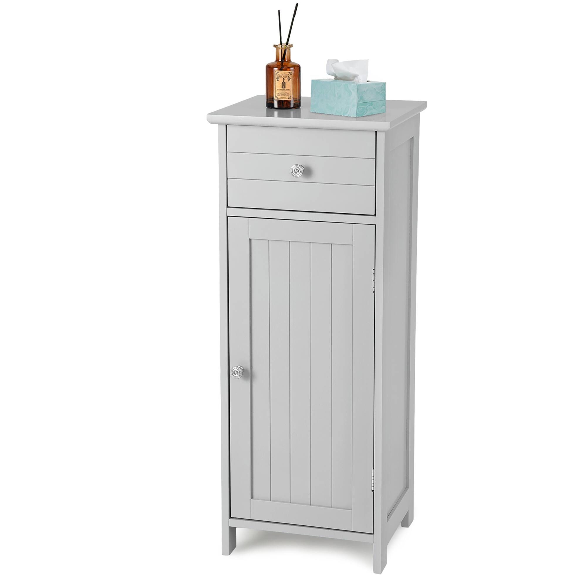 Alt View 9. Costway - Costway Wooden Bathroom Floor Storage Cabinet Organizer w/ Drawer Adjustable Shelf - Gray.