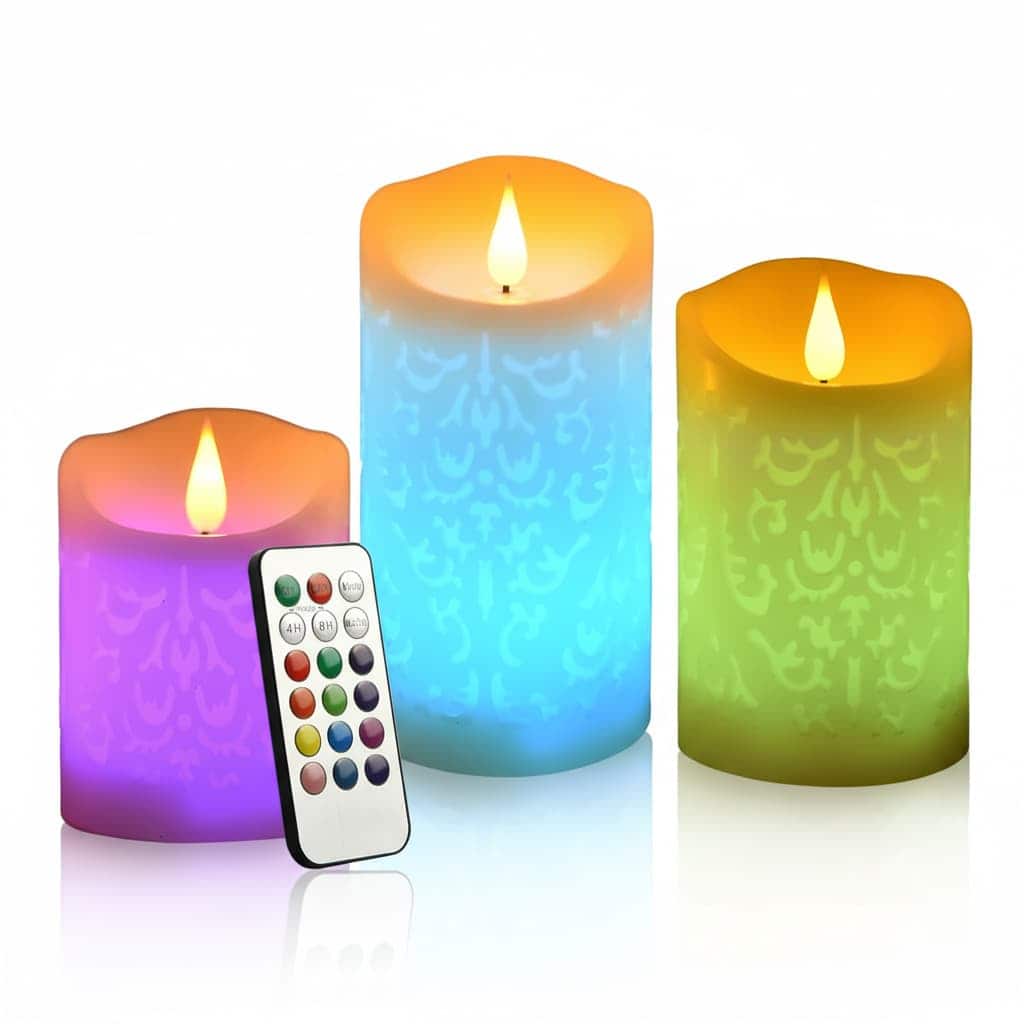 FINEAK - 3-Pack Multi-Colored LED Flameless Candles Remote Control with Timer, Realistic Wax, Battery-Operated - Multicolor