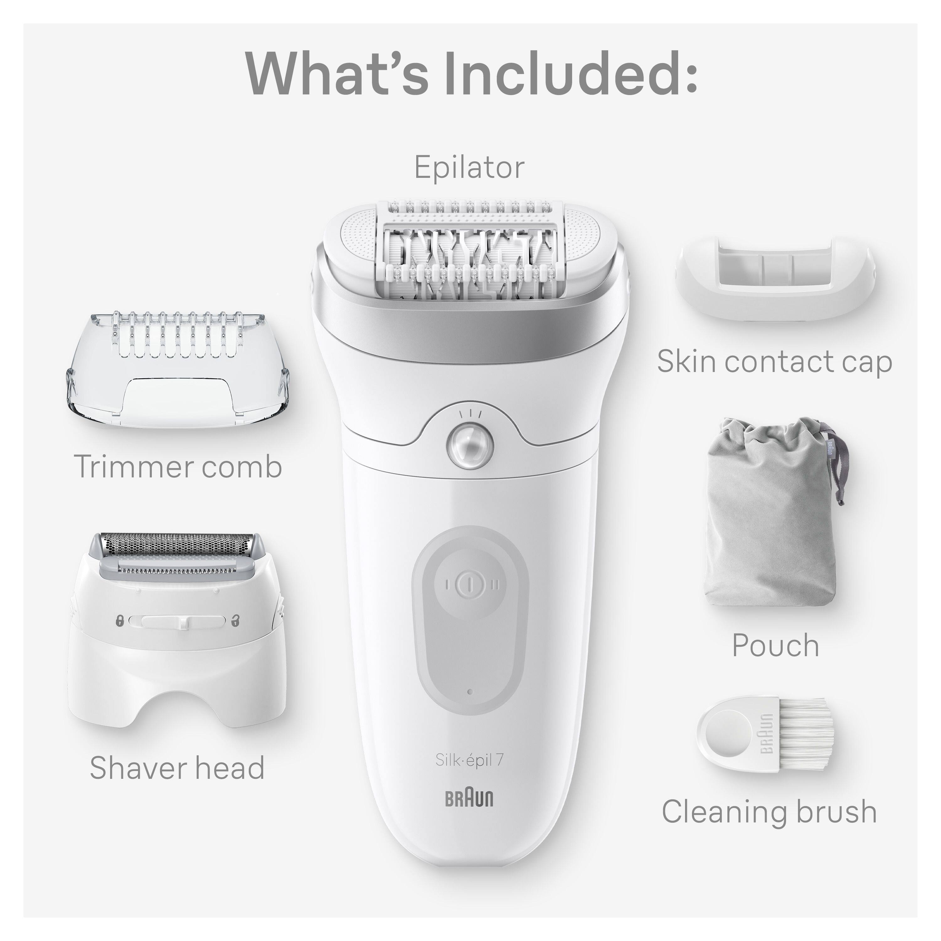 What's Included:

- Epilator
- Skin contact cap
- Trimmer comb
- Pouch
- Shaver head
- Cleaning brush
