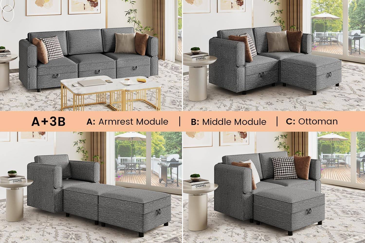 A+3B  
A: Armrest Module | B: Middle Module | C: Ottoman