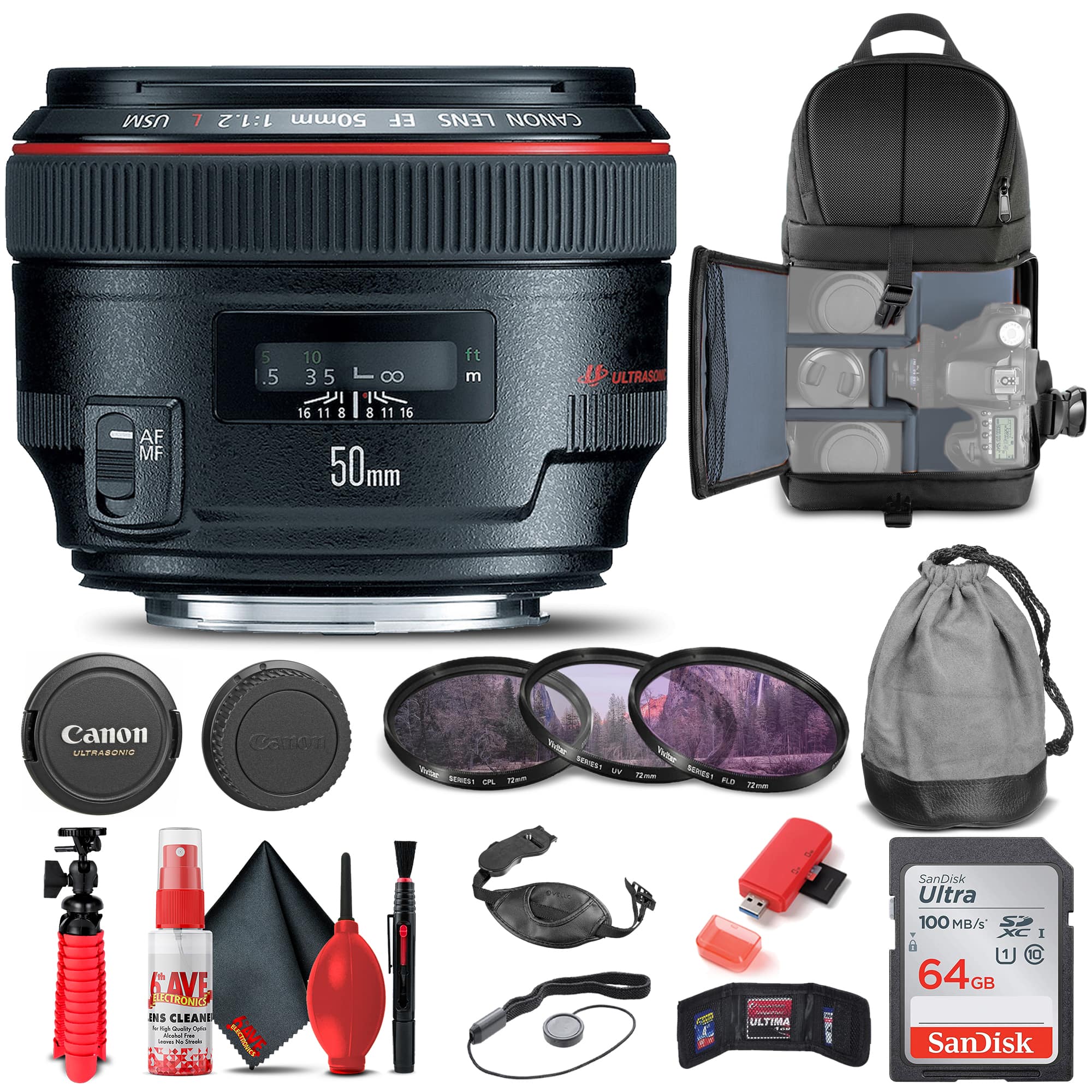 Canon - EF 50mm f/1.2L USM Lens (1257B002) + Filter + BackPack + 64GB Card + More (International Model) - Black