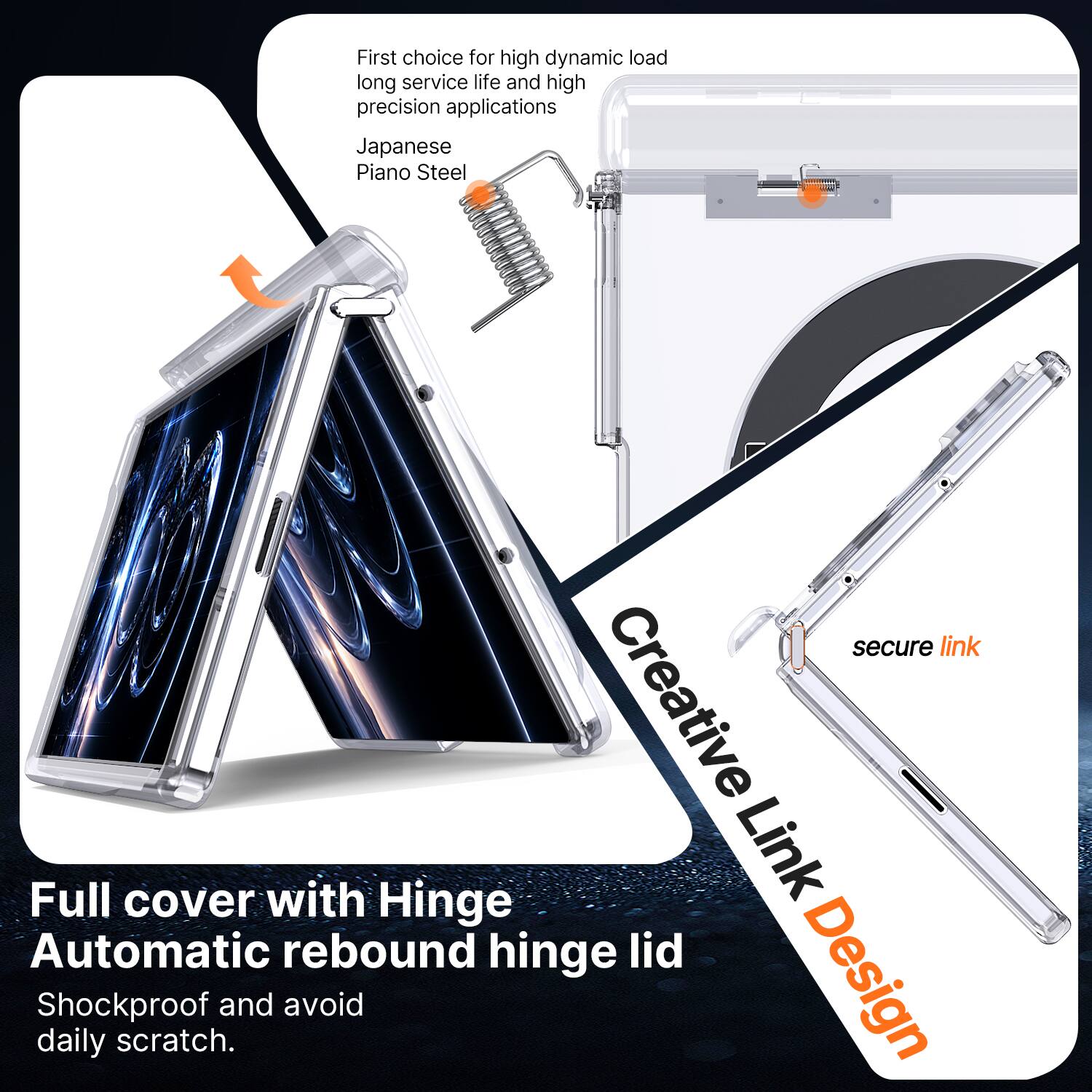 First choice for high dynamic load, long service life, and high precision applications: Japanese Piano Steel

Creative Link Design

Full cover with Hinge Automatic rebound hinge lid

Shockproof and avoid daily scratch.