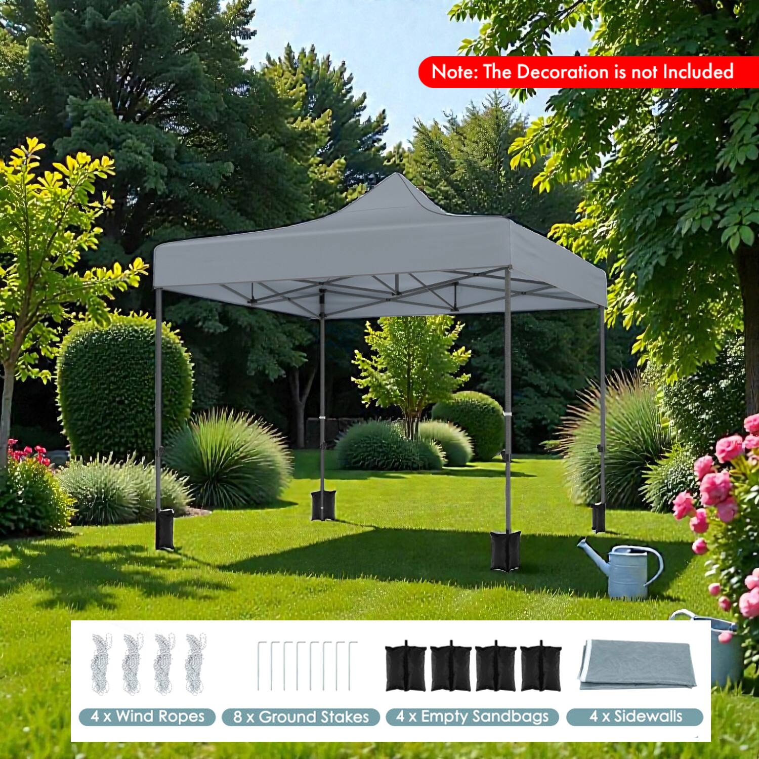 Note: The Decoration is not Included

4 x Wind Ropes  
8 x Ground Stakes  
4 x Empty Sandbags  
4 x Sidewalls