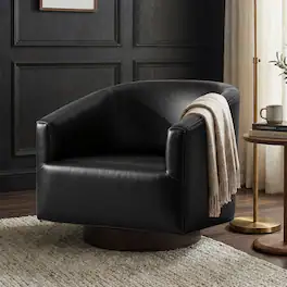 Brick Attic - 27.6"Wide Padded Swivel Accent Chair with Solid Wood Base, Faux Leather Upholstery, Wraparound Backrest,Barrel Chair - Black