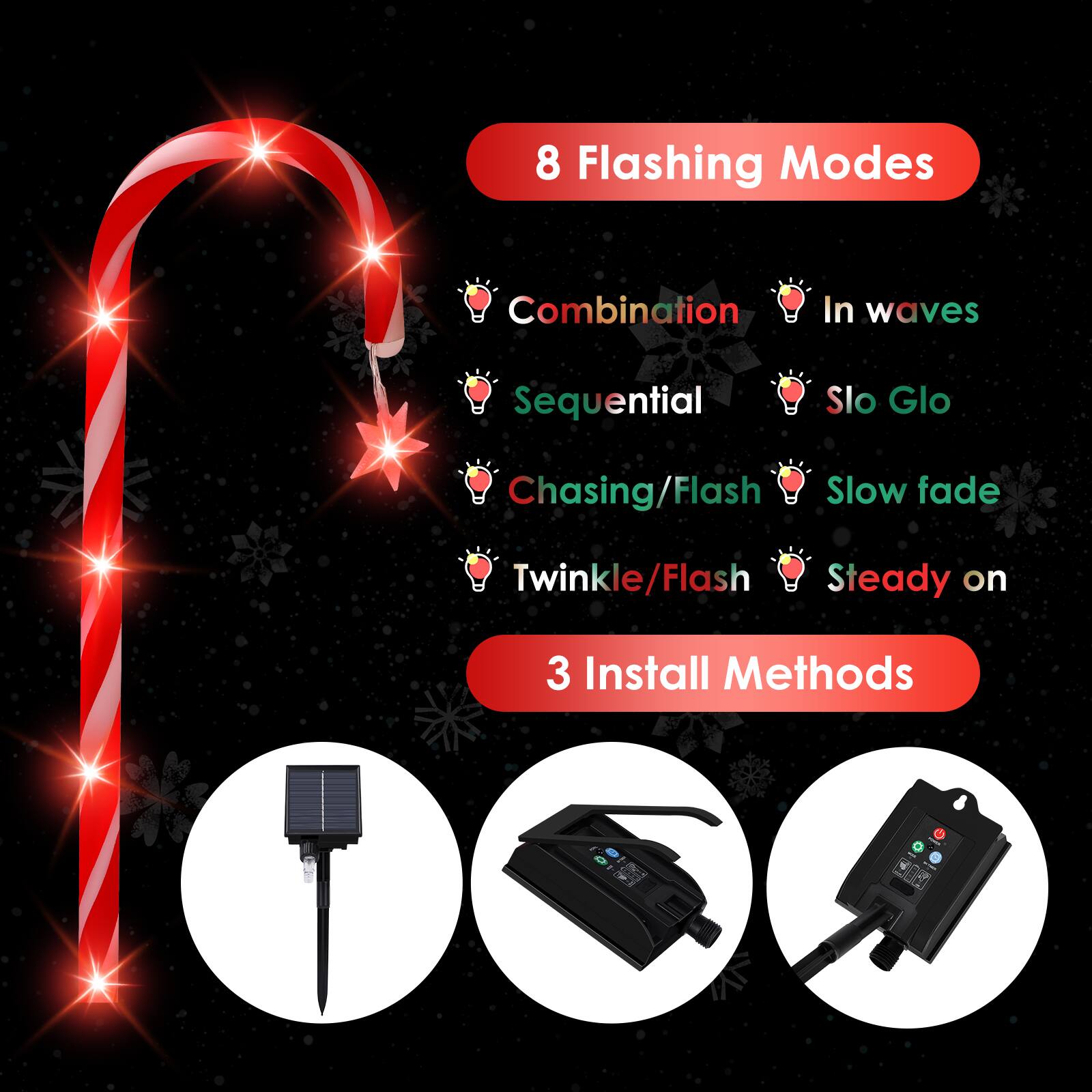 8 Flashing Modes
- Combination
- Sequential
- Chasing/Flash
- Twinkle/Flash
- Steady on
- In waves
- Slo Glo
- Slow fade

3 Install Methods
