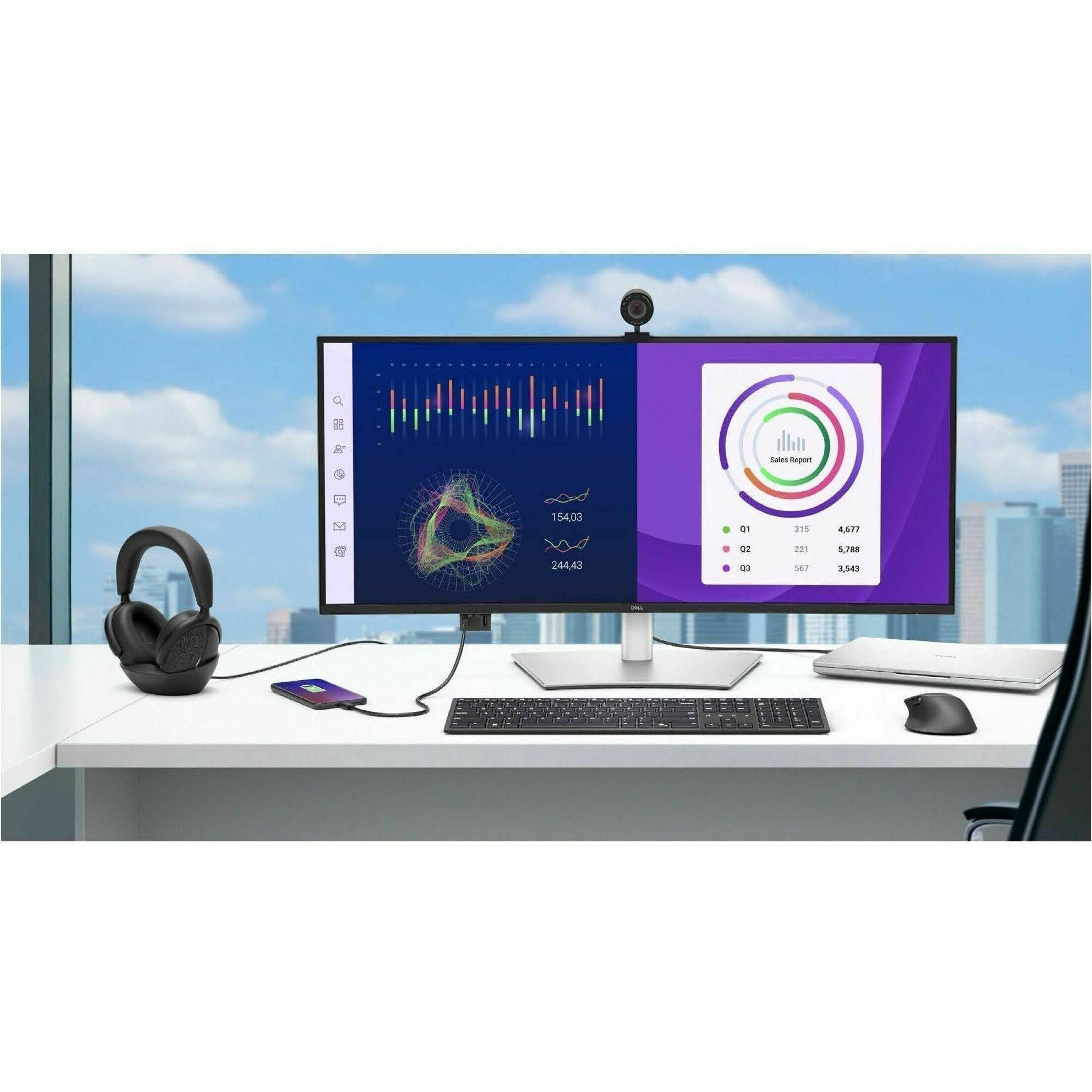 A computer monitor with a webcam on top of it is displaying a graph with the text "a R g Sales epan 54.03 21 3I5 4617 244.43 - 22 57 1M 3.543." This suggests that the graph is related to sales data, possibly for a company or product. The presence of the webcam on top of the monitor indicates that the user might be participating in a video conference or online meeting while working with the data.