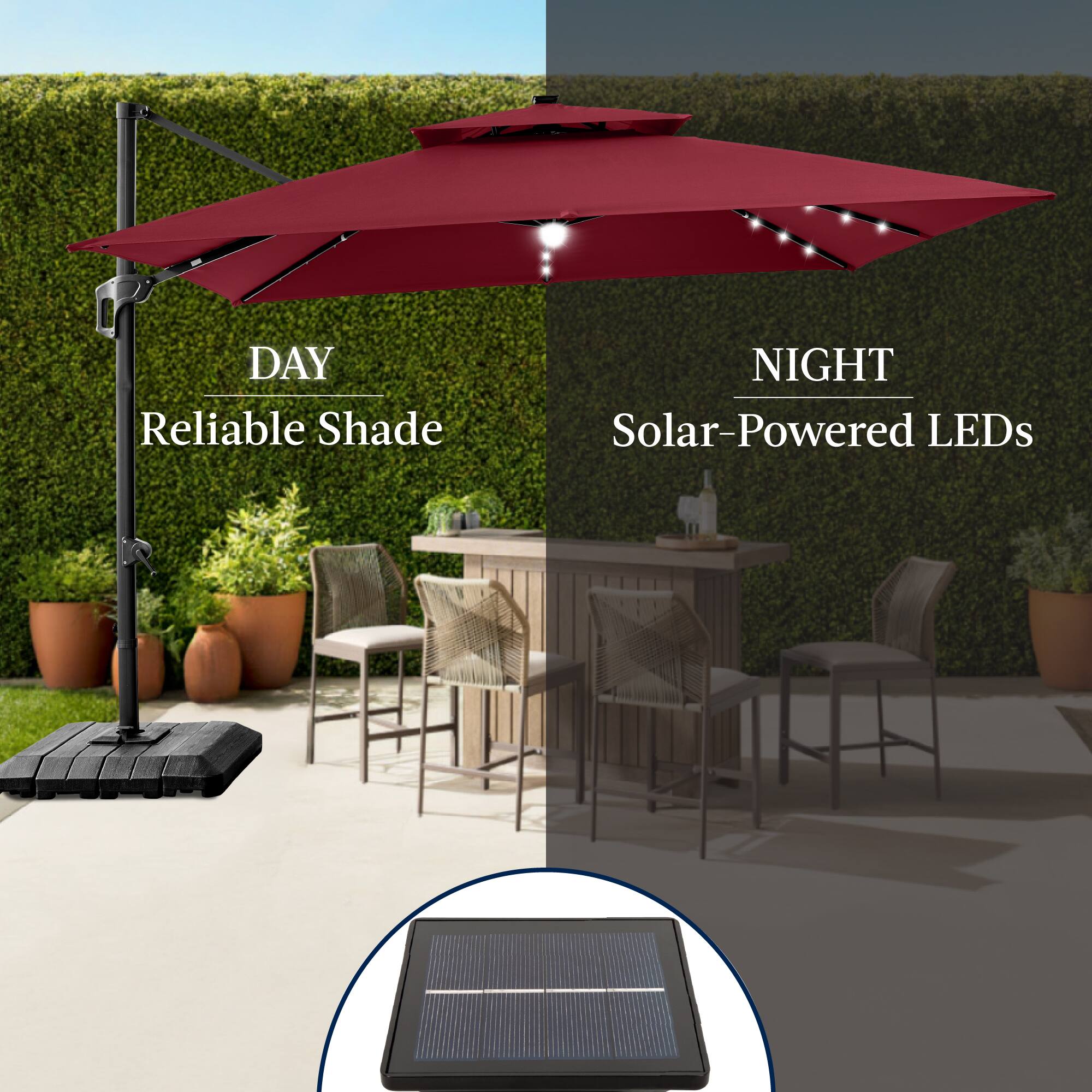 DAY  
Reliable Shade  

NIGHT  
Solar-Powered LEDs
