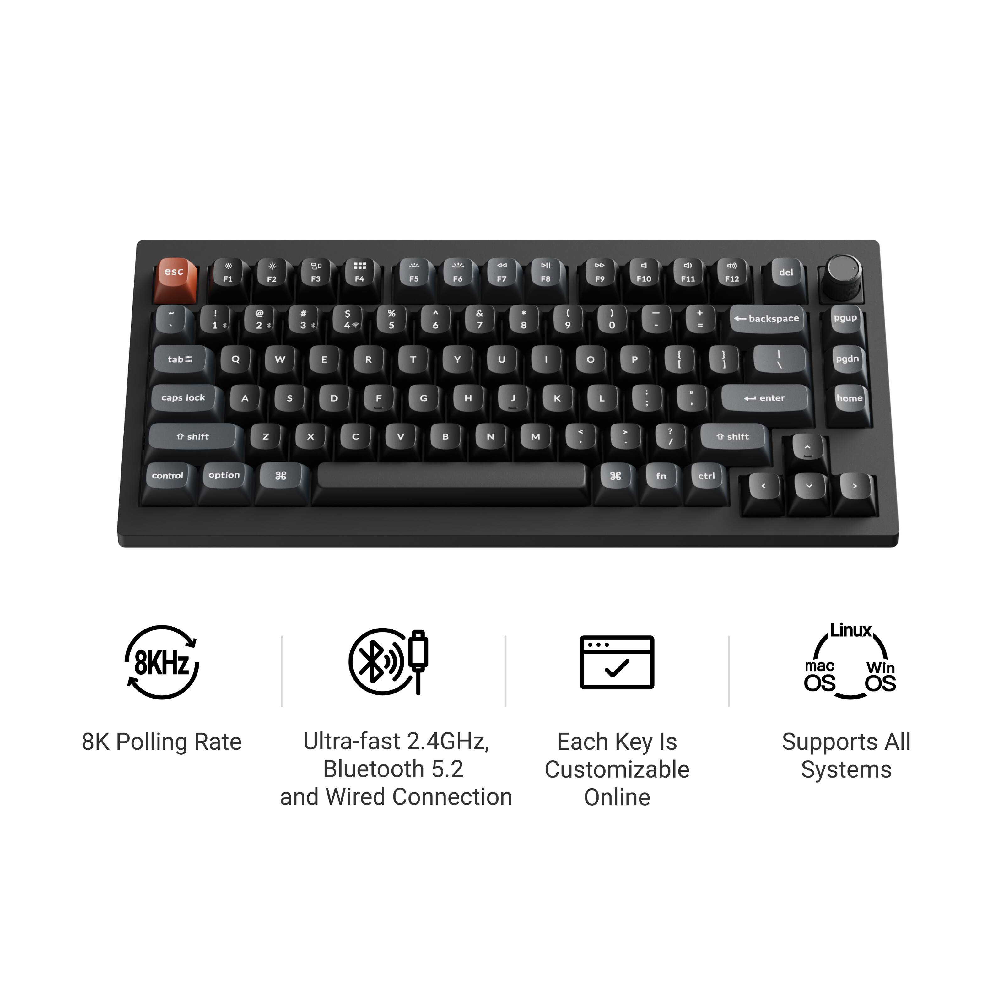 Sure, here is the corrected and grouped text:

- **8K Polling Rate**
- **Ultra-fast 2.4GHz, Bluetooth 5.2 and Wired Connection**
- **Each Key Is Customizable Online**
- **Supports All Systems (Linux, macOS, Windows)**