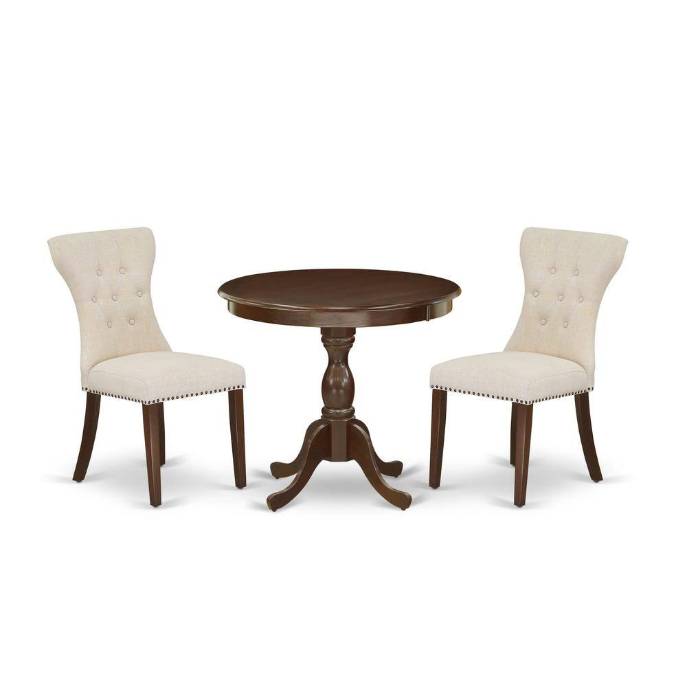 Angle. East West Furniture - AMGA3-MAH-32 3 Piece Dining Set - 1 Mid Century Dining Table and 2 Light Beige Dining Chairs - Mahogany Finish - Mahogany.