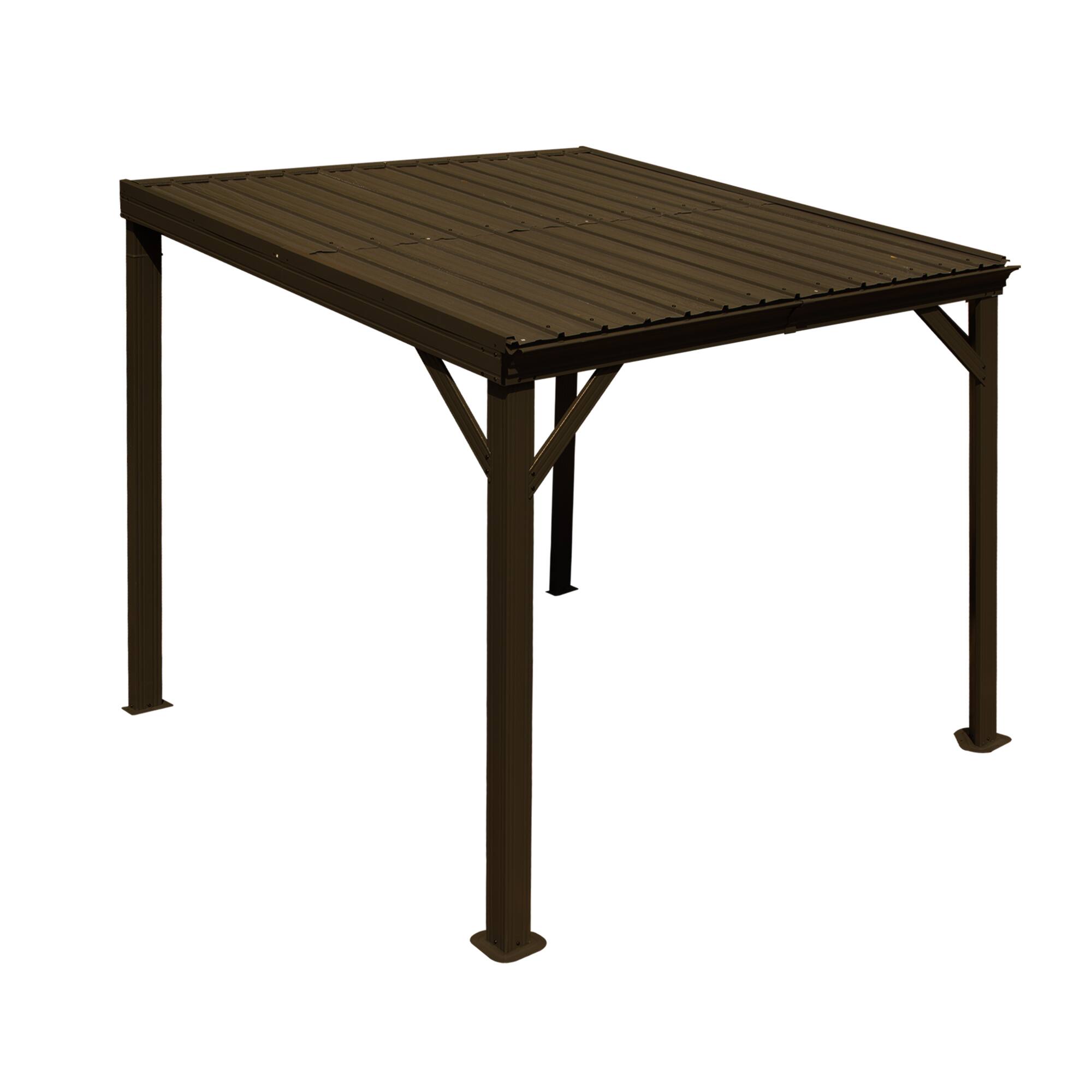 Alt View 4. Mondawe - 8x8FT Lean to Gazebo Hardtop,Expandable Wall Mounted Pergola,Gutters & Galvanized Steel Roof - Brown.