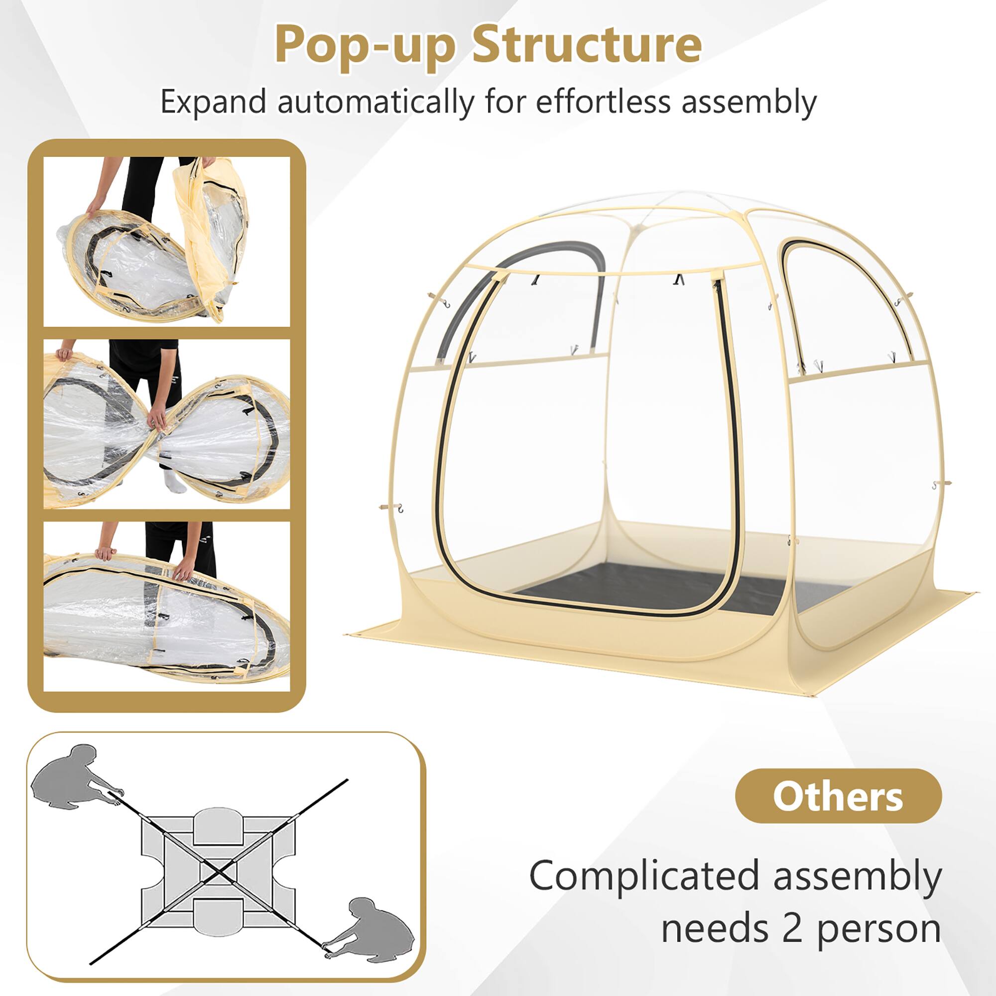 Pop-up Structure  
Expand automatically for effortless assembly  

Others  
Complicated assembly needs 2 person