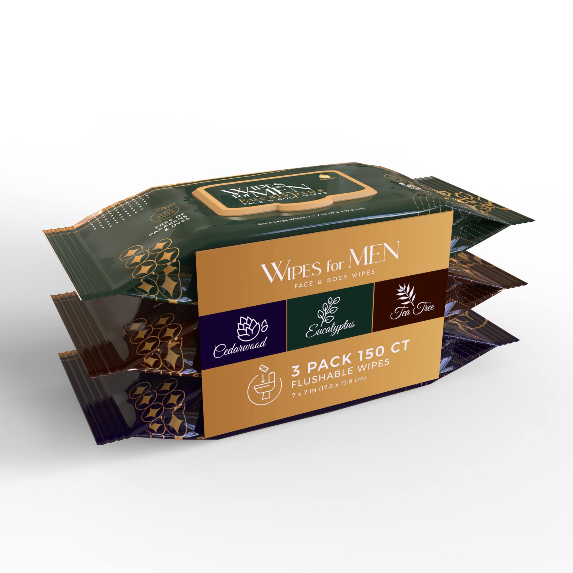 WP FRTOEN Faoz IE- 3 c ....  % 0 : RON COEEN - UTEE | PARAGES FREE wW ai PAR for MEN WIPES FACE & BODY WIPES Iea Tree 6 Excalyptus Cedarwood 150 CT 3 PACK WIPES FLUSHABLE (17,8 a 17.8 cm 7 IN 7 a