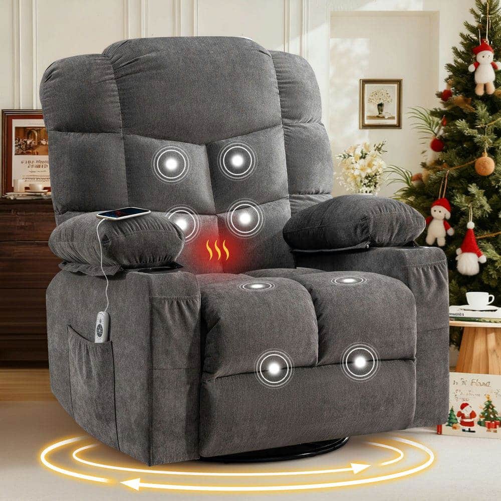 Kadyn - Oversized Massage Swivel Recliner with Lumbar Heating, Cup Holders & USB Port, Living Room Chair - Gray
