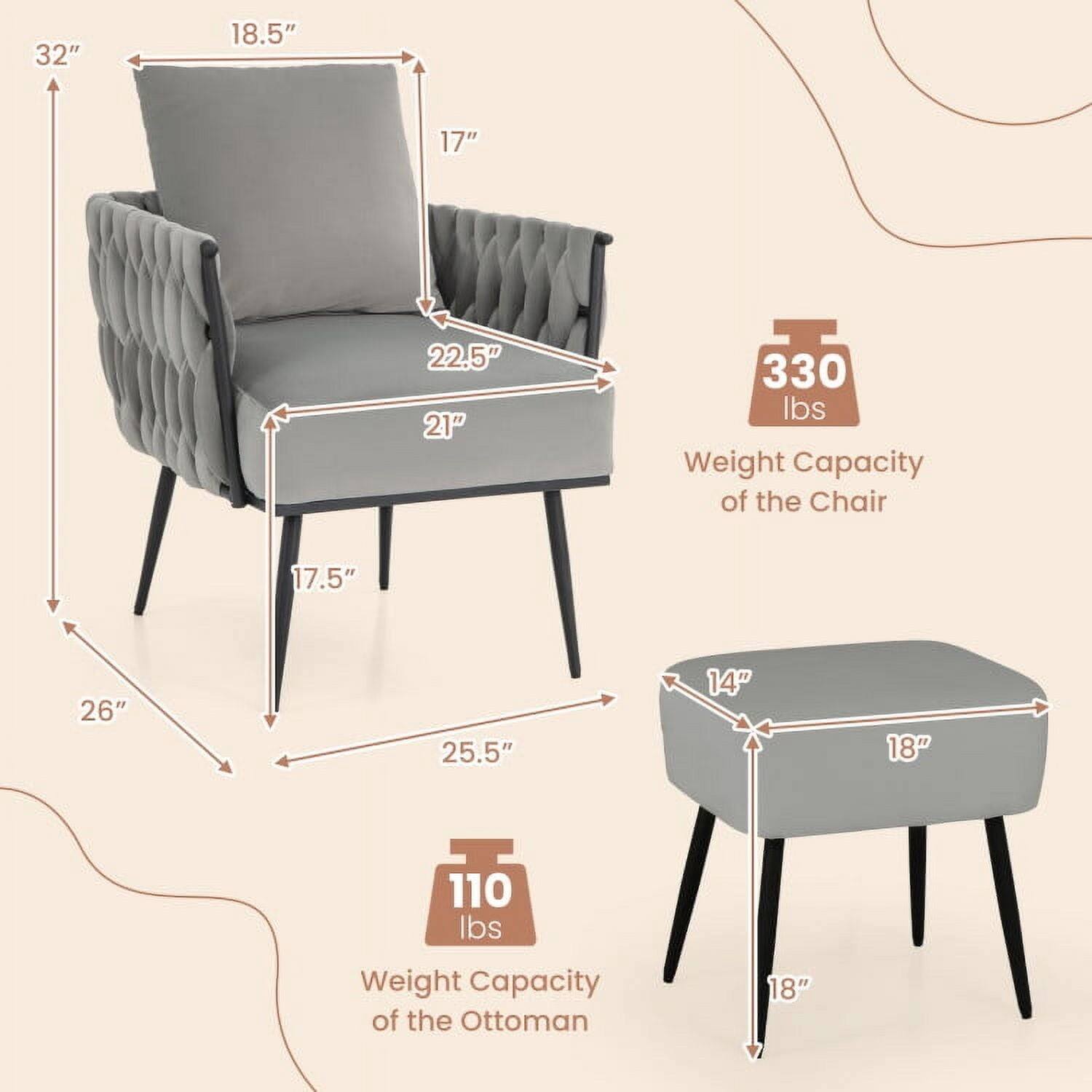 32" 18.5" 17" 22.5" 21" 330 lbs Weight Capacity of the Chair  
17.5" 26" 25.5" 14" 18" 110 lbs Weight Capacity of the Ottoman