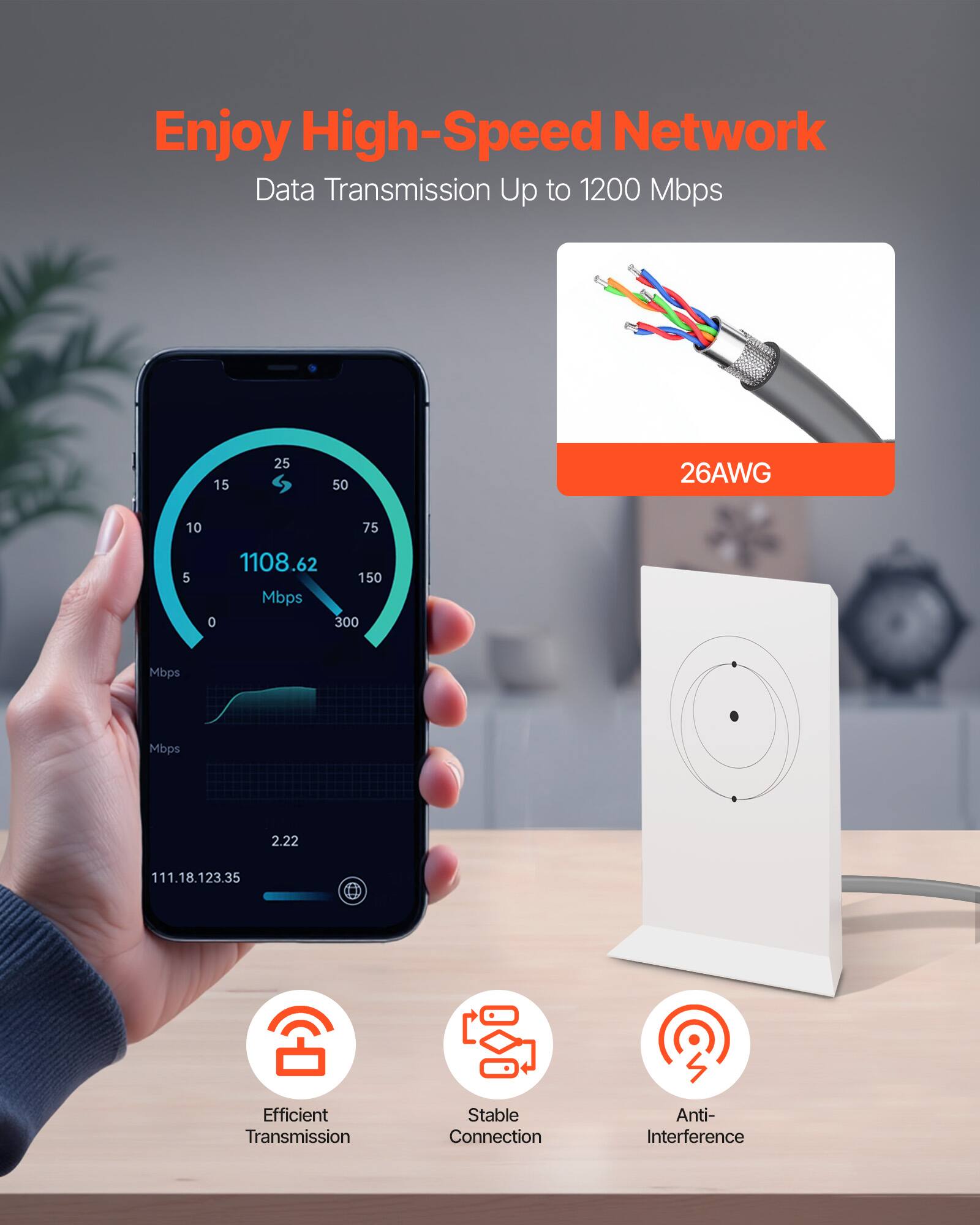 Enjoy High-Speed Network Data Transmission Up to 1200 Mbps. 26AWG. 10, 75, 5, 1108.62, 150 Mbps, 0, 300 Mbps, Mbps, 2.22, 111.18.123.35. Efficient Transmission, Stable Connection, Anti-Interference.