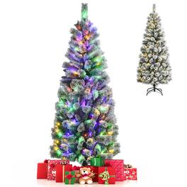 Gymax - 6 ft Pre-lit Snow Flocked Artificial Christmas Tree w/ Multi-Color LED Lights - White