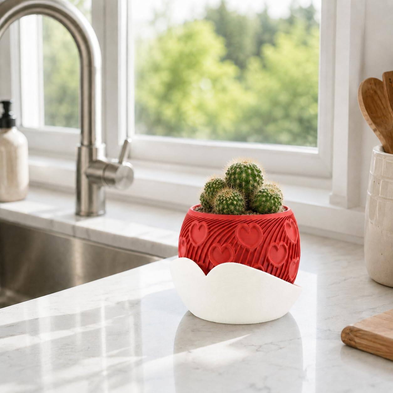 Alt View 1. JuzToys - 3D Printed Heart Planter with Drip Tray, Small Indoor Plant Pot w/Saucer, Decorative Desk Shelf Decor Gift by PowerTRC - Red|White.