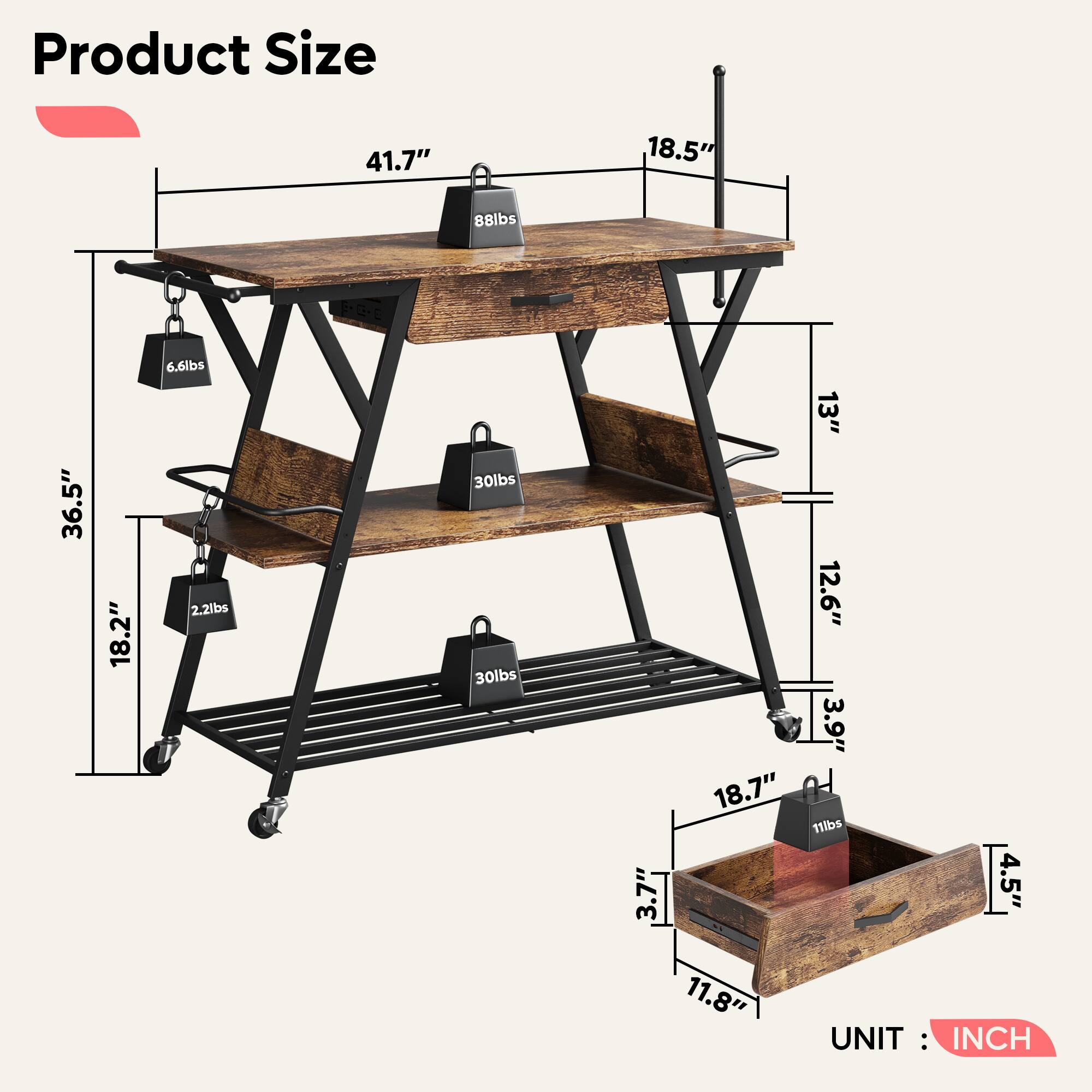 Product Size:
- 41.7" x 18.5" x 88lbs
- 36.5" x 18.2" x 6.6lbs
- 2.2ibs x 30lbs
- 30lbs x 30lbs
- 3.7" x 13" x 12.6"
- 3.9" x 18.7" x 1lb
- 4.5" x 11.8"

UNIT: INCH
