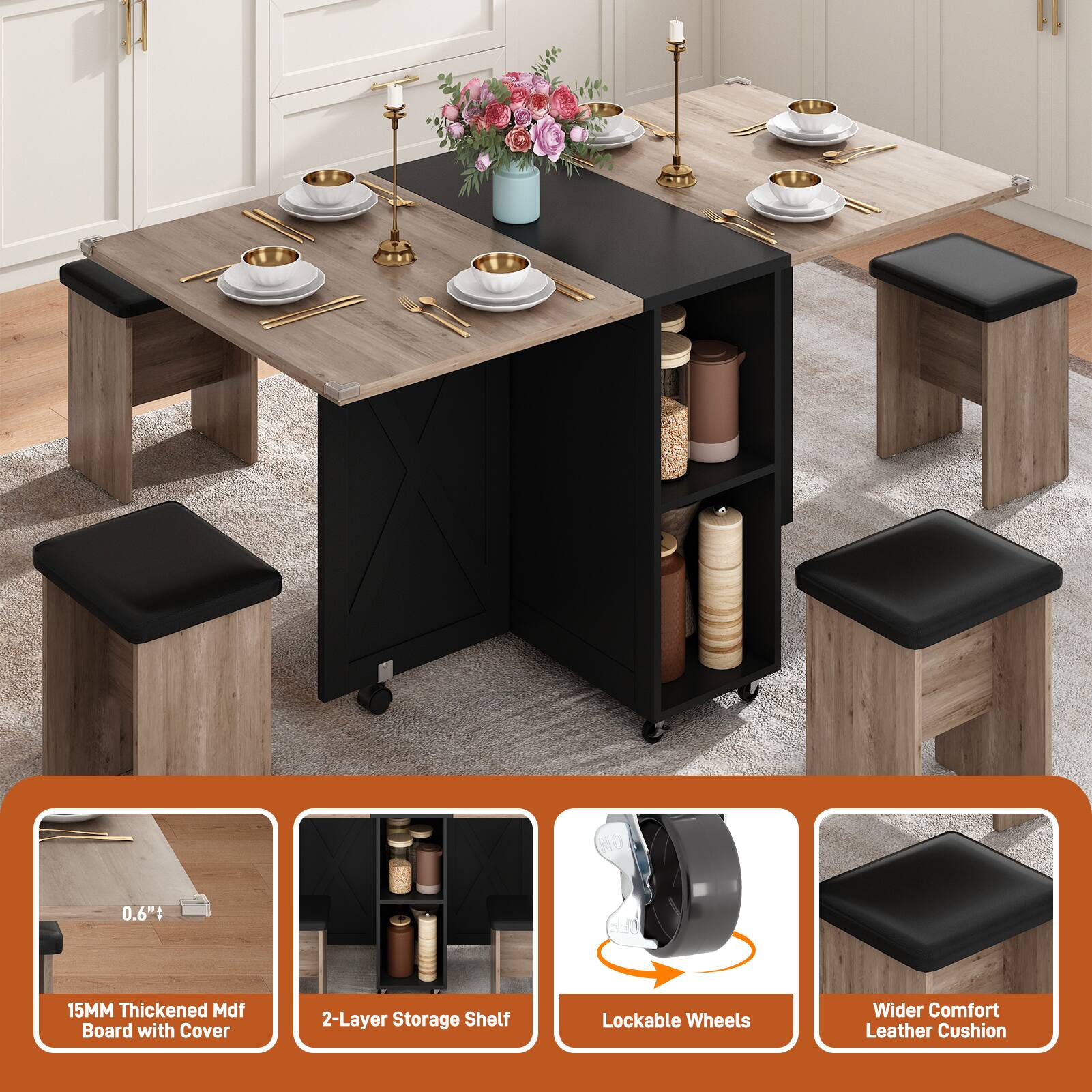 0.6" 15MM Thickened MDF Board with Cover  
2-Layer Storage Shelf  
Lockable Wheels  
Wider Comfort Leather Cushion