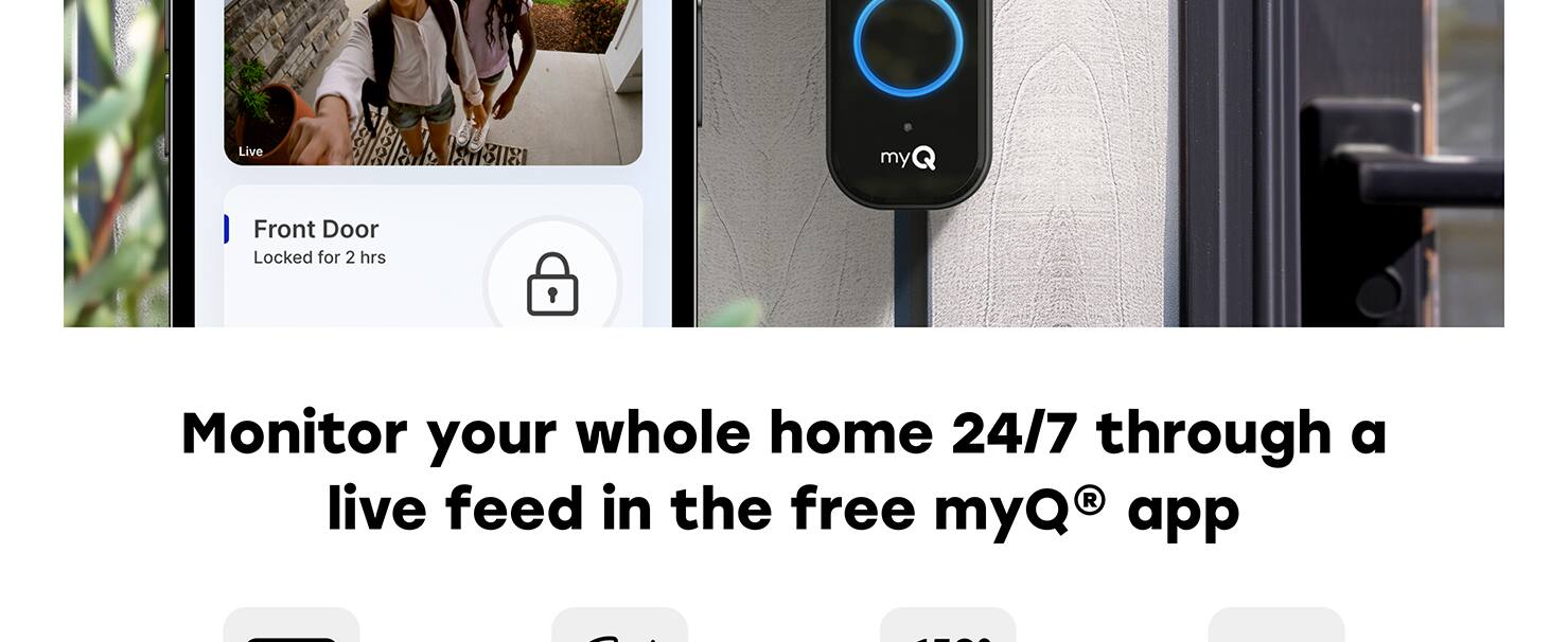 Monitor your whole home 24/7 through a live feed in the free myQ app. Live myQ my Front Door Locked for 2 hrs.