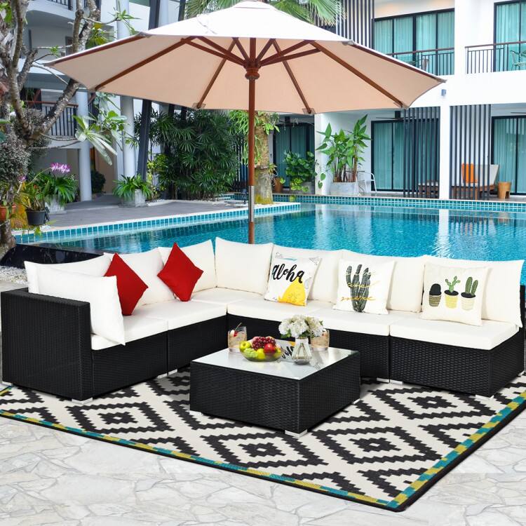 Front. Mondawe - 7-Piece Sectional Wicker Sofa Set w/ Tempered Glass Table, Outdoor Patio Conversation Set with Cushions - White.