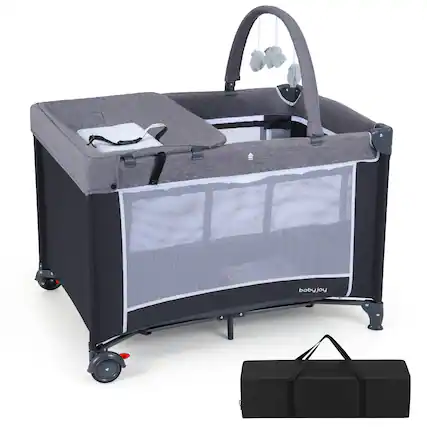 Front. Gymax - Gymax 3 in 1 Pack & Play w/ Toy Bar Diaper Changing Table w/ Safety Belt - Gray.