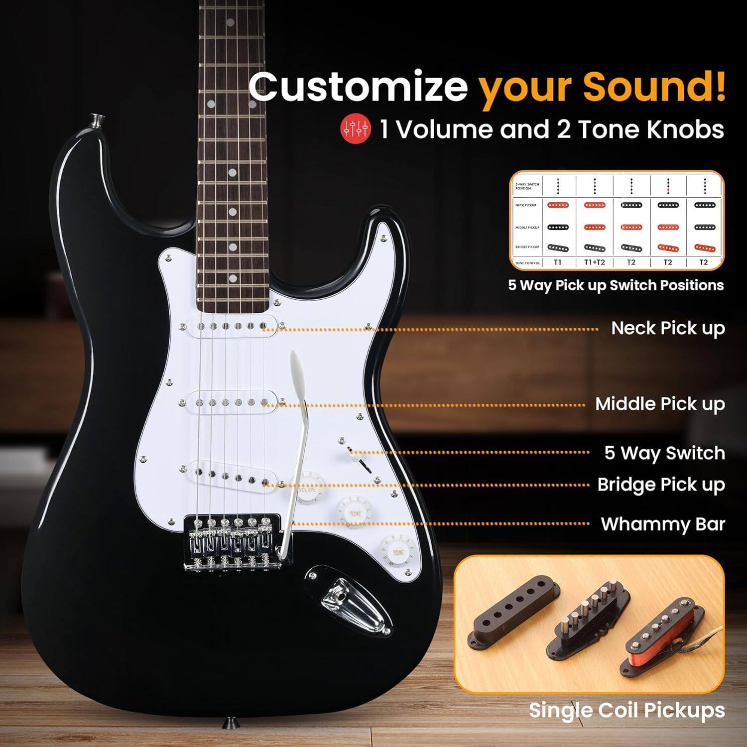 Customize your Sound!  
1 Volume and 2 Tone Knobs  

5 Way Pick up Switch Positions  
- Neck Pick up  
- Middle Pick up  
- Bridge Pick up  

Whammy Bar  
Single Coil Pickups