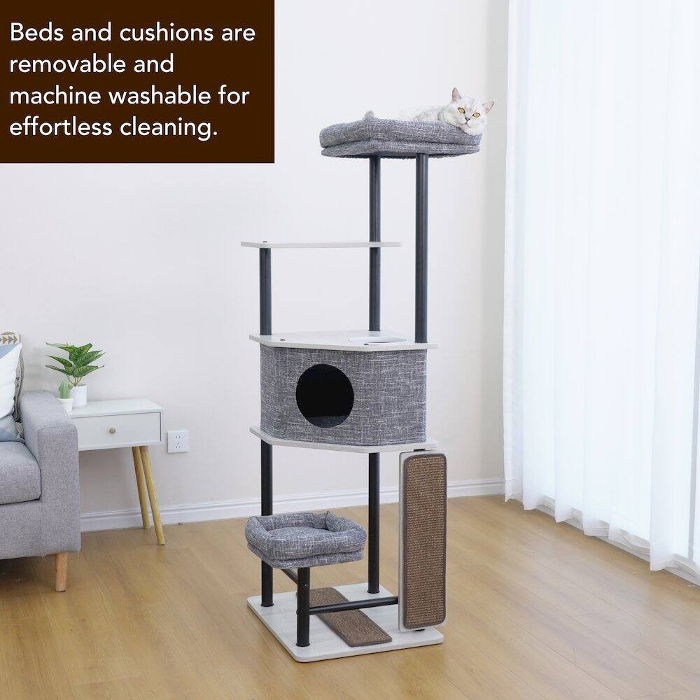 Beds and cushions are removable and machine washable for effortless cleaning.