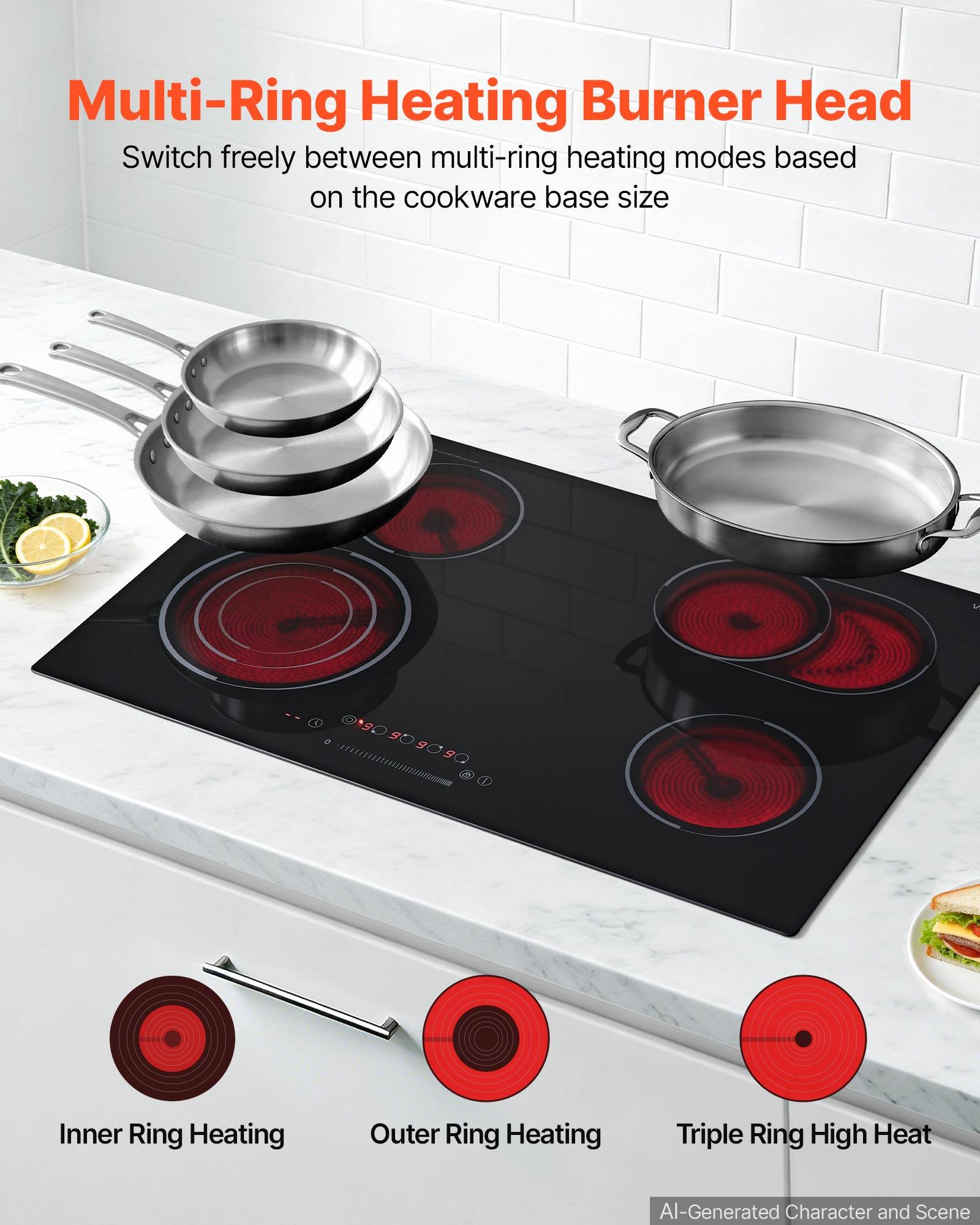 Multi-Ring Heating Burner Head  
Switch freely between multi-ring heating modes based on the cookware base size

Inner Ring Heating  
Outer Ring Heating  
Triple Ring High Heat  

AI-Generated Character and Scene