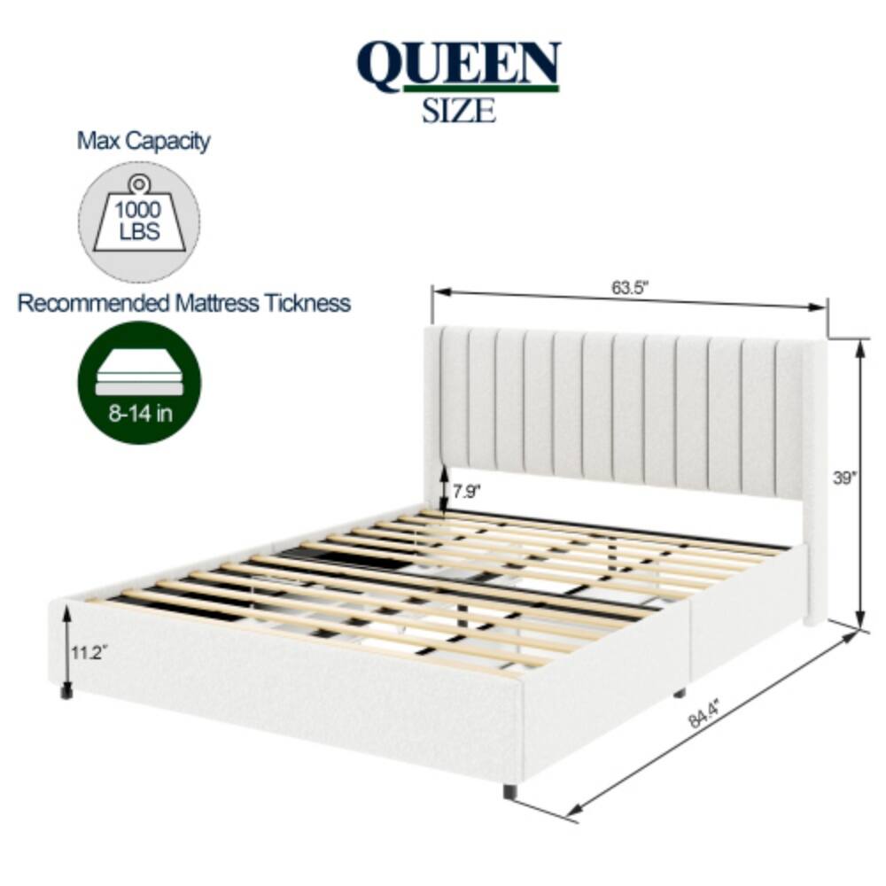 Max Capacity: 1000 LBS  
Recommended Mattress Thickness: 8-14 in  
Dimensions:  
- Length: 84.4"  
- Width: 63.5"  
- Height: 11.2"  
- Depth: 39"  
- Headboard Height: 7.9"
