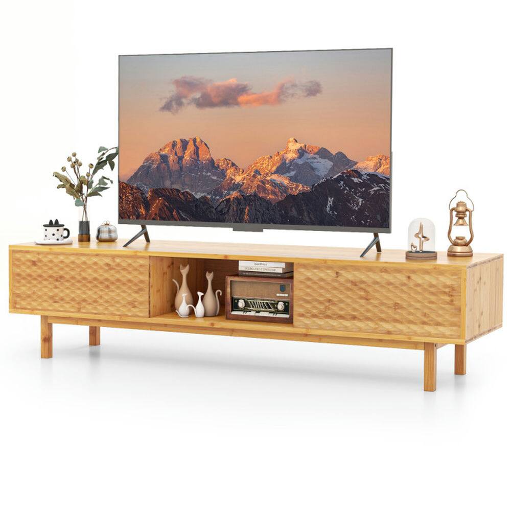 Alt View 2. Pefilos - 63 Inches Mid Century Modern Bamboo TV Stand with Sliding Doors-Natural, Tv Stands for Living Room TV Cabinet - Brown.