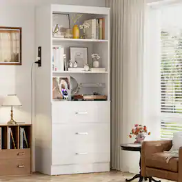 Aheaplus - 71-Inch Wooden Bookshelf with USB Charging, 3 Drawers & Open Shelves for Living Room & Home Office - White