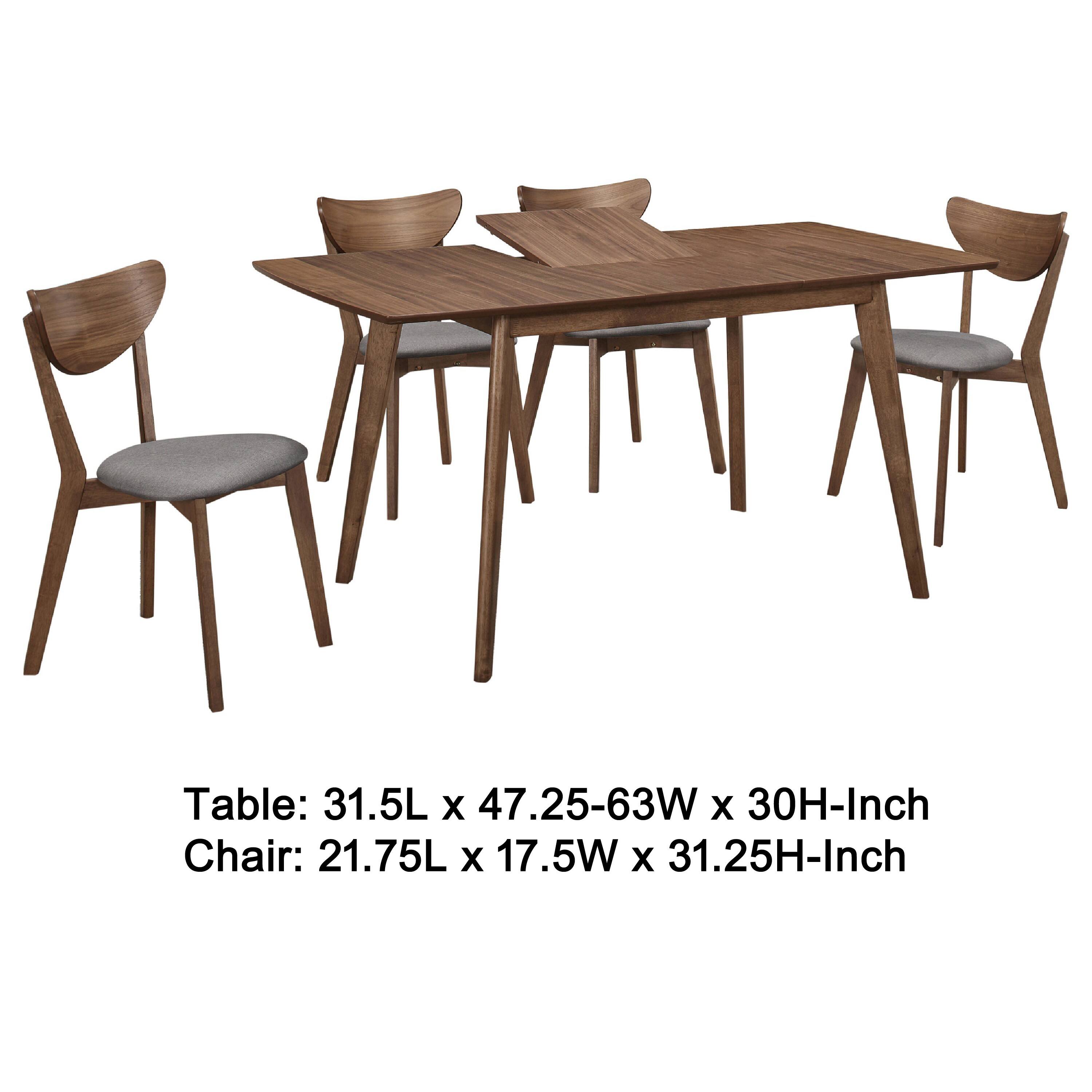 Table: 31.5L x 47.25-63W x 30H-Inch  
Chair: 21.75L x 17.5W x 31.25H-Inch